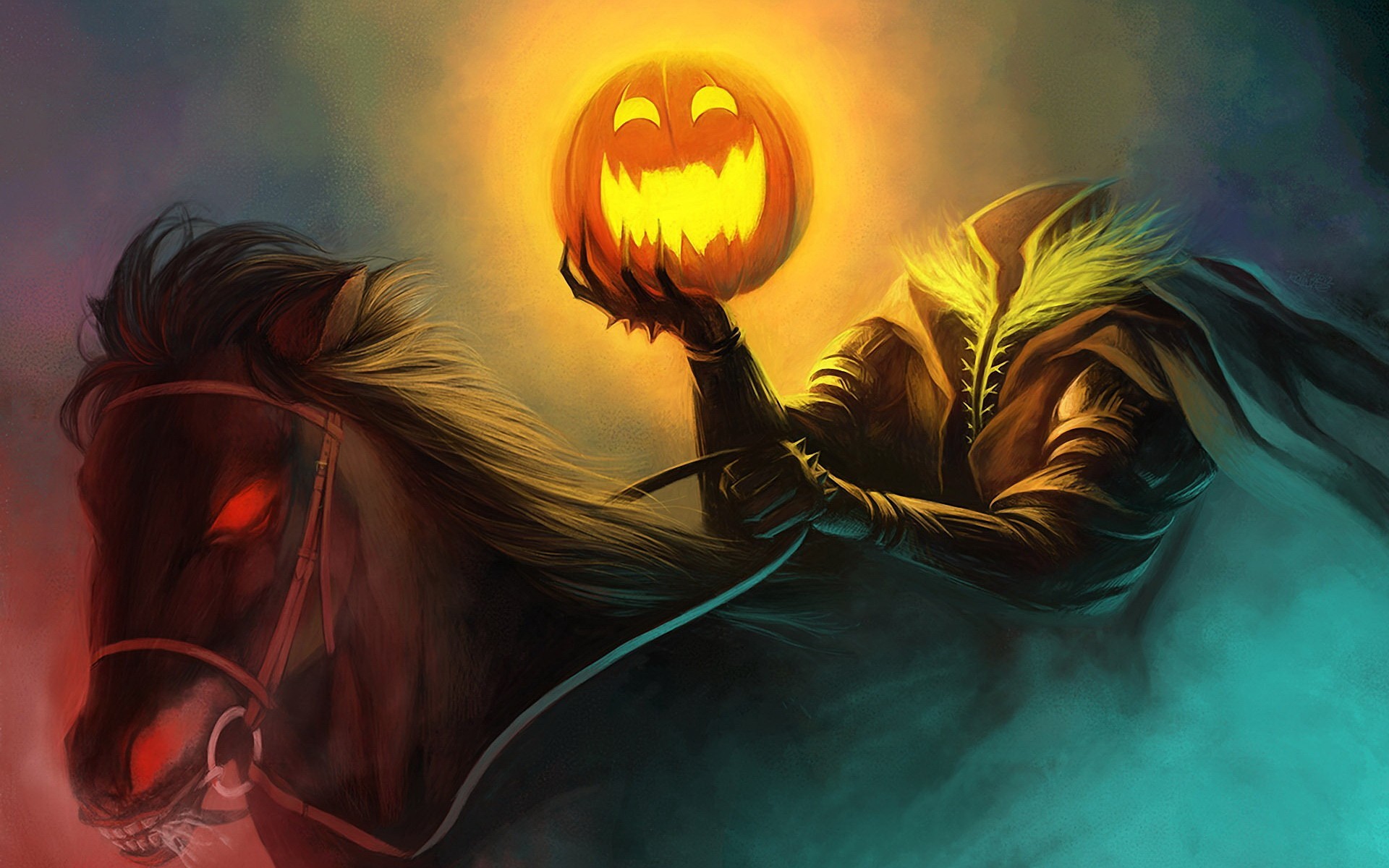 General 1920x1200 Halloween horse pumpkin artwork horseman fantasy art Jack O' Lantern mist red eyes