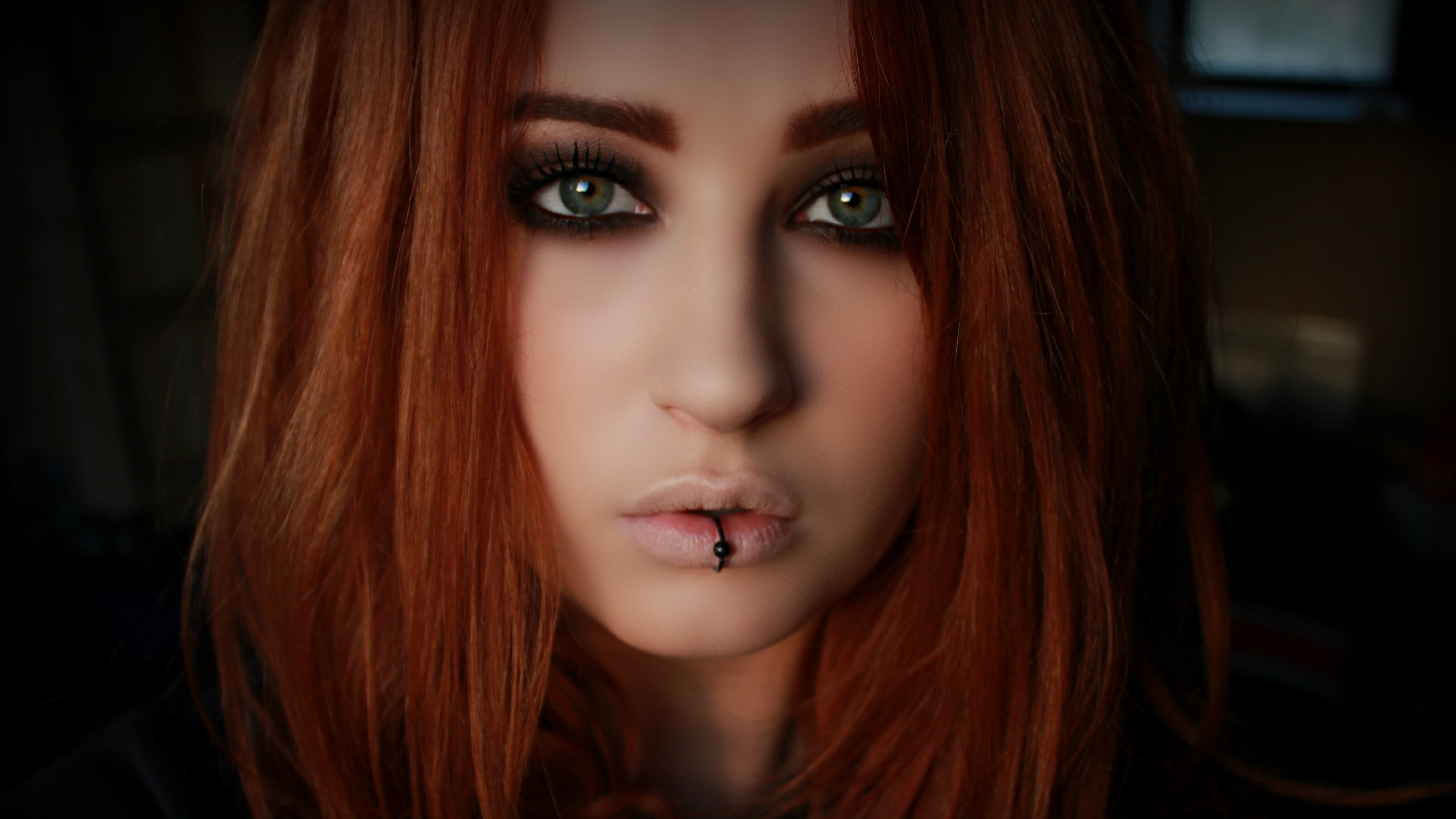 People 3840x2160 Niky Von Macabre women model face portrait closeup redhead smoky eyes piercing pierced lip looking at viewer Fetish Model