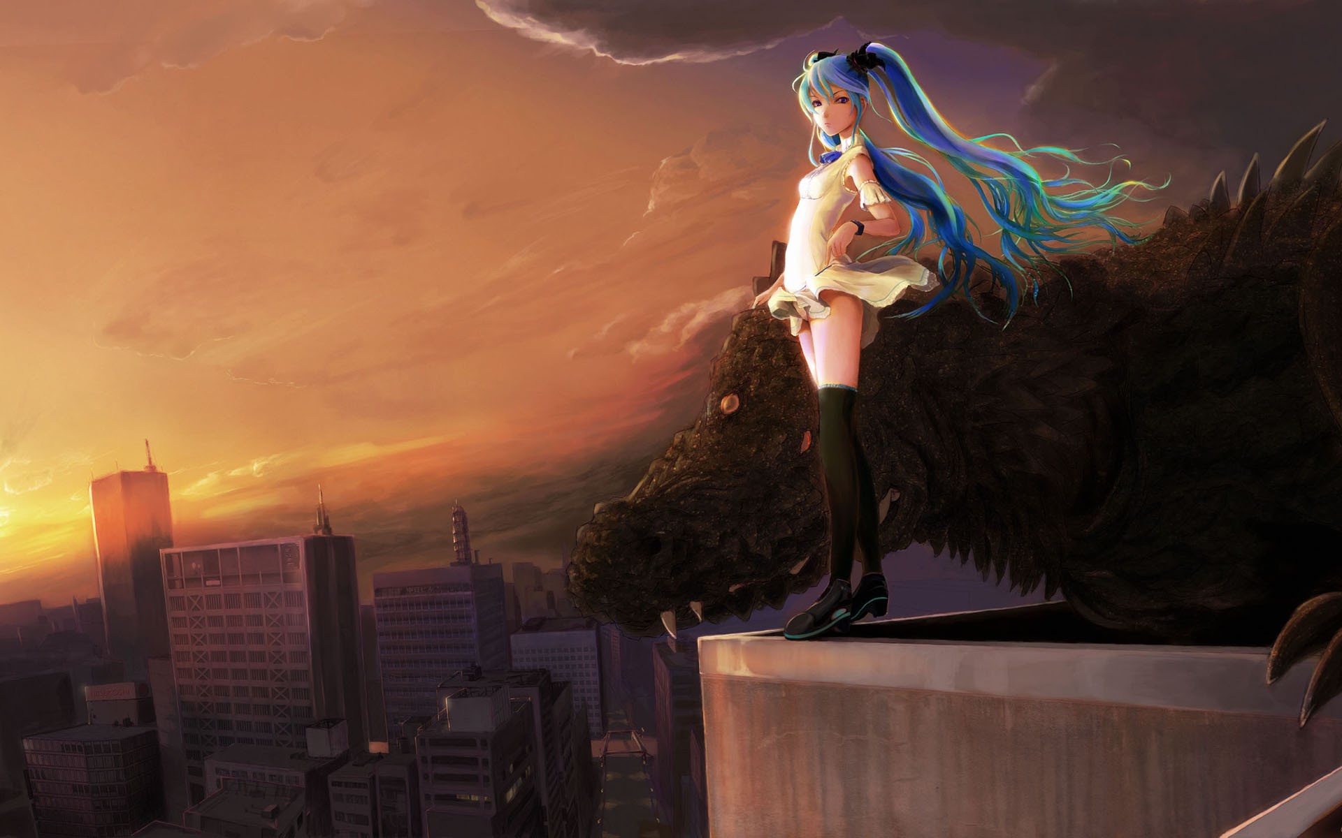 Anime 1920x1200 Hatsune Miku Vocaloid anime girls cityscape anime standing creature blue hair long hair looking at viewer