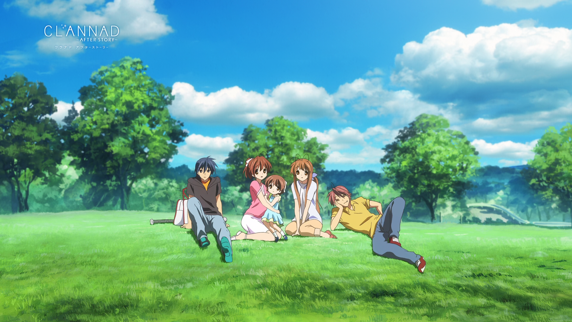Anime 1920x1080 anime girls anime Clannad Okazaki Tomoya Furukawa Nagisa Furukawa Sanae women outdoors anime boys sitting nature grass children two women
