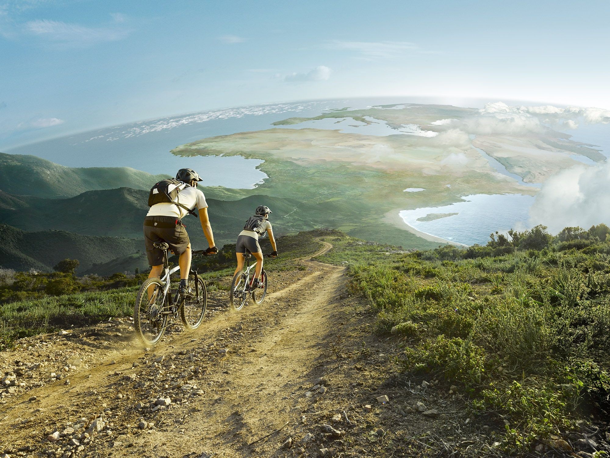 General 2000x1500 bicycle digital art landscape nature path vehicle people women men sky panorama