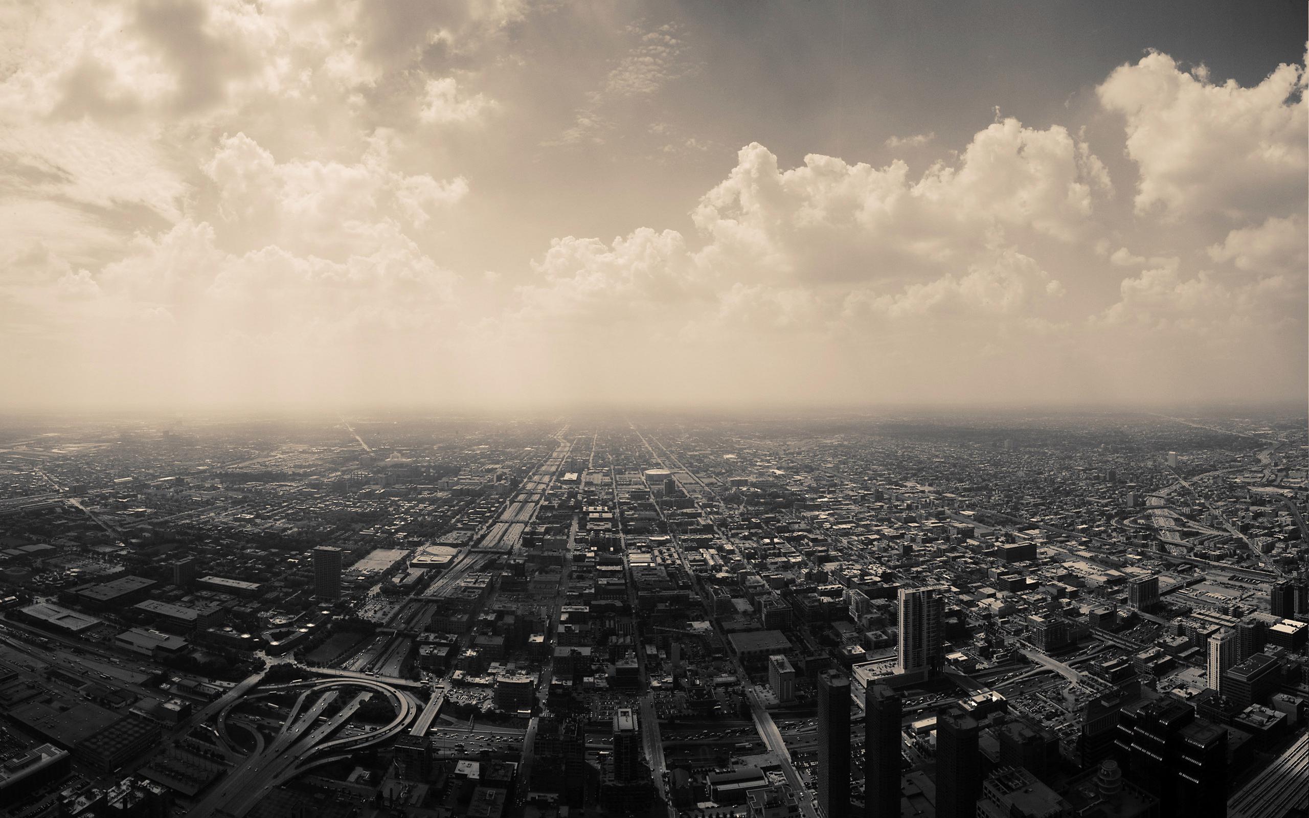 General 2560x1600 cityscape city clouds skyscraper Chicago panorama USA sky monochrome aerial view
