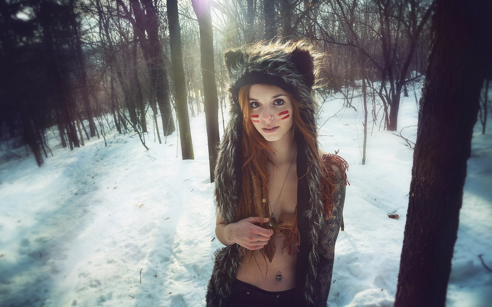 People 1680x1050 women snow women outdoors animal ears Fennek Suicide necklace winter trees long hair cold outdoors belly pierced navel looking at viewer Suicide Girls cropped