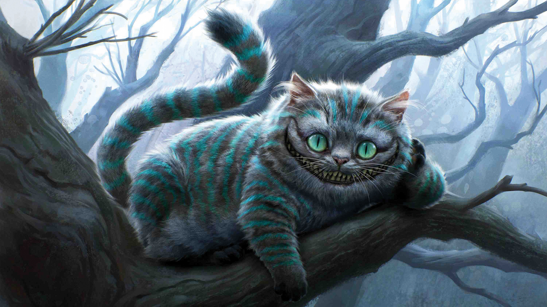 General 1920x1080 Alice in Wonderland Cheshire Cat digital art cats trees smiling cyan