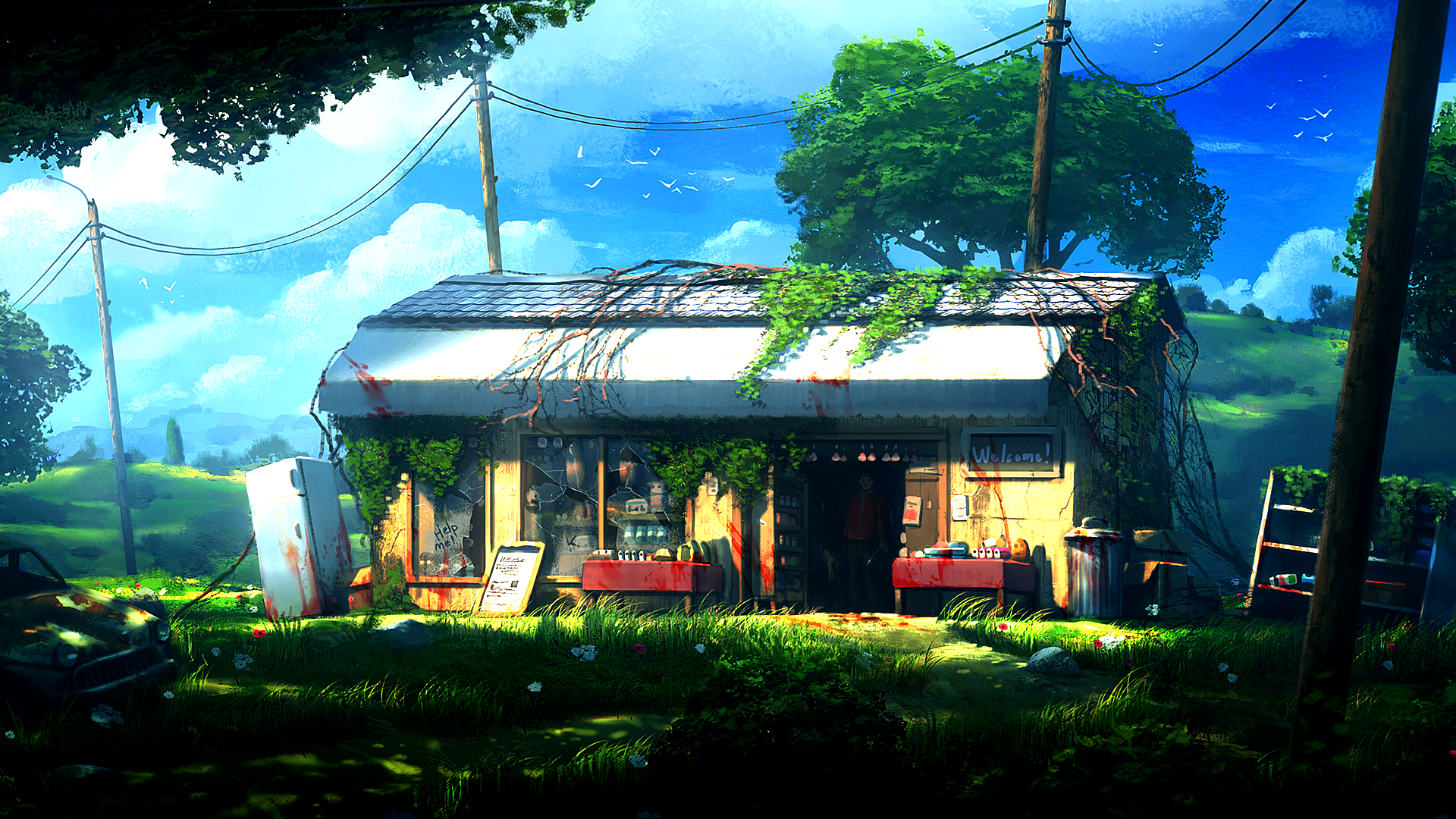 General 1920x1080 artwork nature apocalyptic stores power lines car wreck broken glass building plants trees