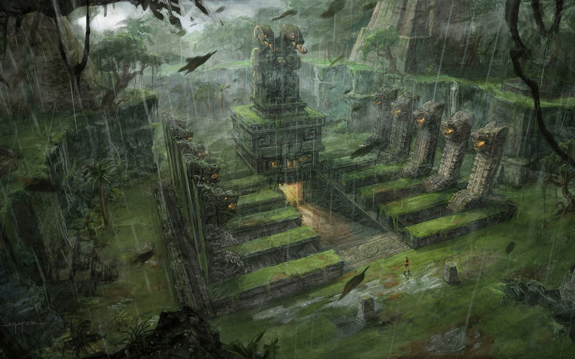 General 1920x1200 fantasy art Tomb Raider video games video game art Lara Croft (Tomb Raider) temple rain adventurers