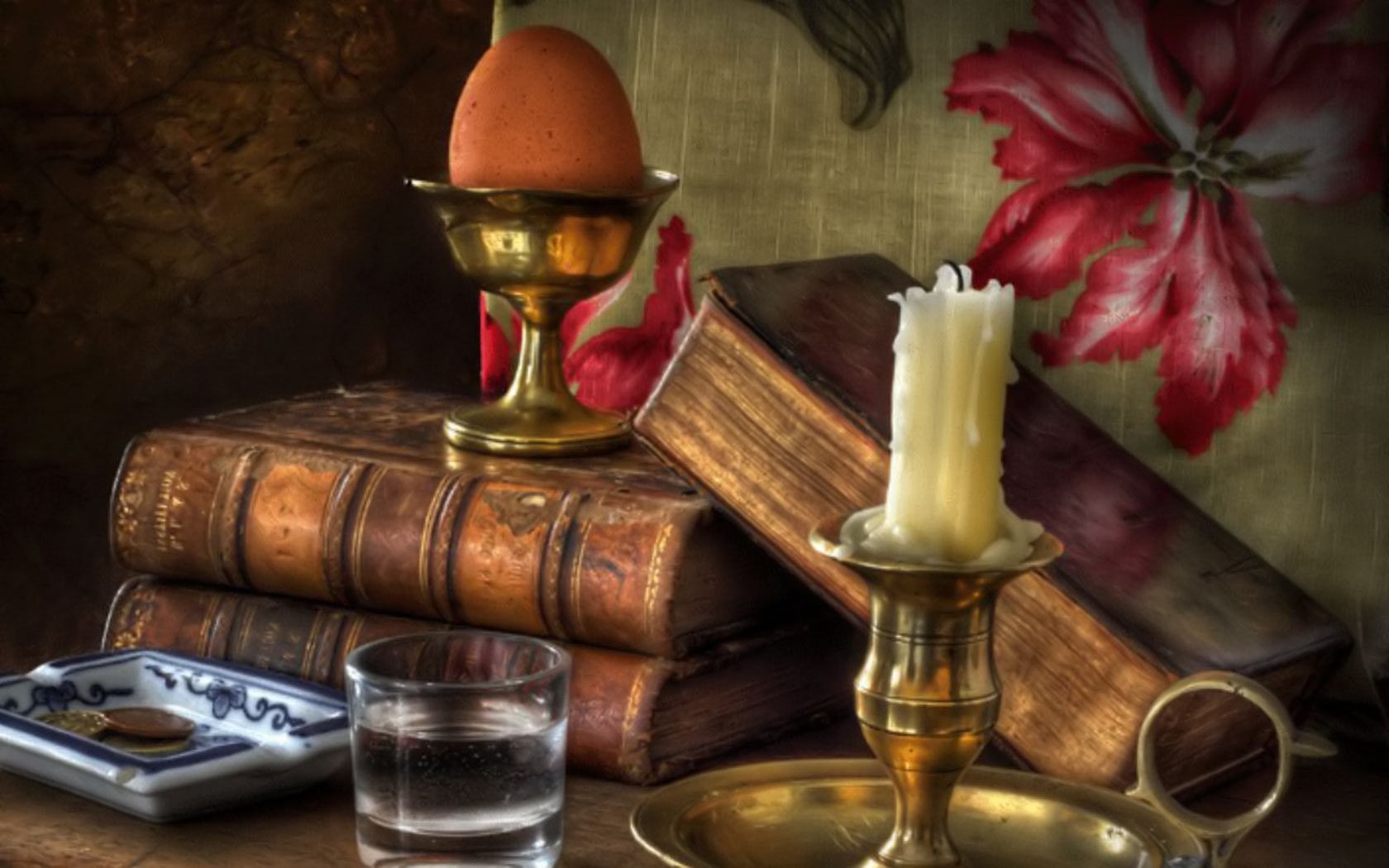 General 1680x1050 candles books still life drinking glass coins eggs food