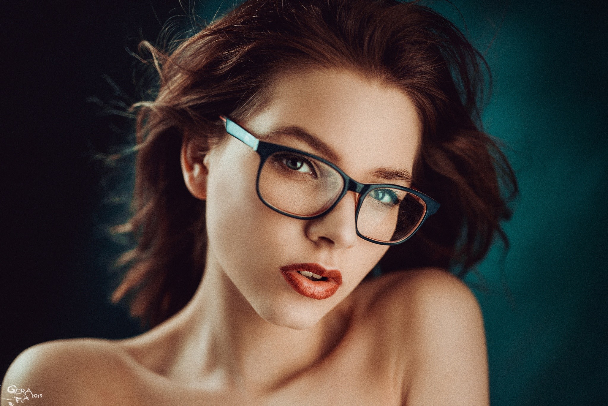 People 2048x1367 women model redhead red lipstick glasses face open mouth Georgy Chernyadyev portrait women with glasses 2015 (Year) women indoors indoors looking at viewer makeup bare shoulders 500px closeup watermarked