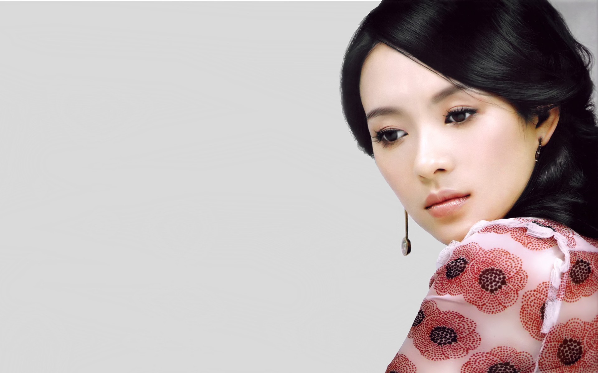 People 1920x1200 actress Asian Zhang Ziyi black hair earring dark eyes face portrait simple background white background looking away women