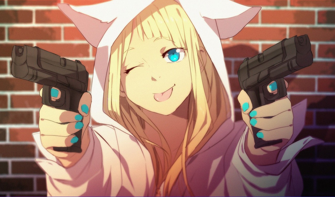 Anime 1300x768 anime pistol hoods anime girls weapon gun blonde Tom Skender girls with guns one eye closed tongues tongue out painted nails cyan nails aqua eyes dual wield frontal view bricks