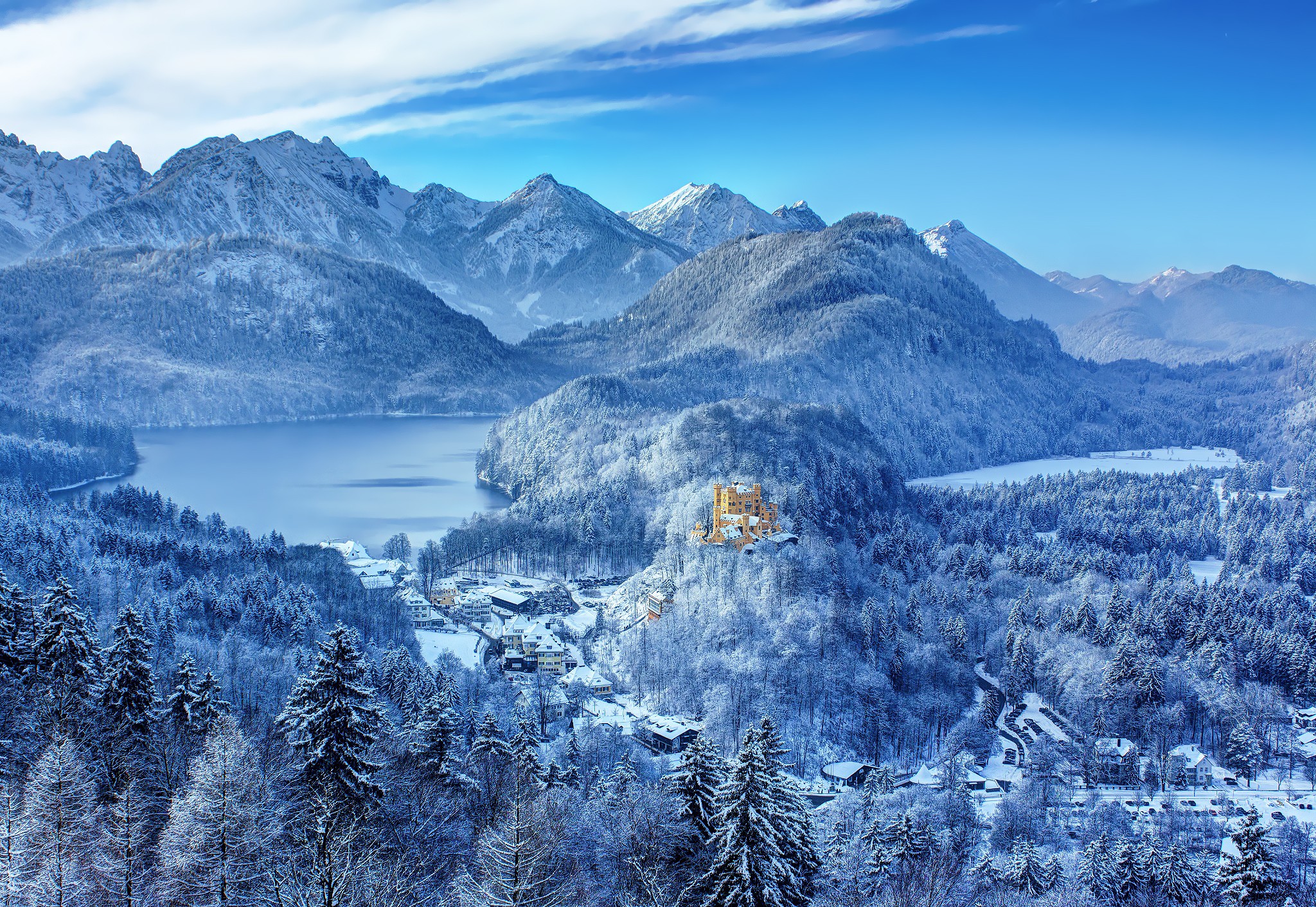 General 2048x1411 nature landscape mountains trees forest Germany winter snow castle house lake clouds Bavaria