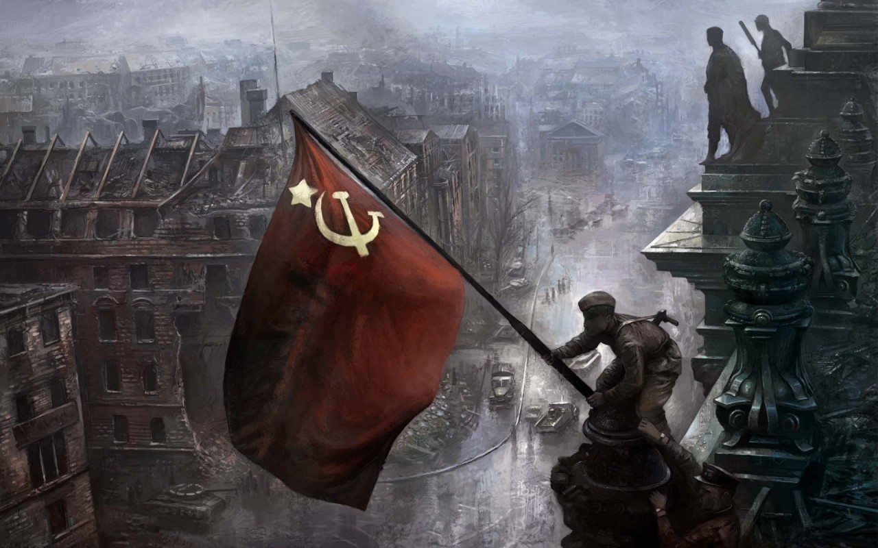 General 1280x800 flag Berlin World War II Russia USSR artwork soldier ruins cityscape Soviet Army Victory Day Reichstag 1945 (year)
