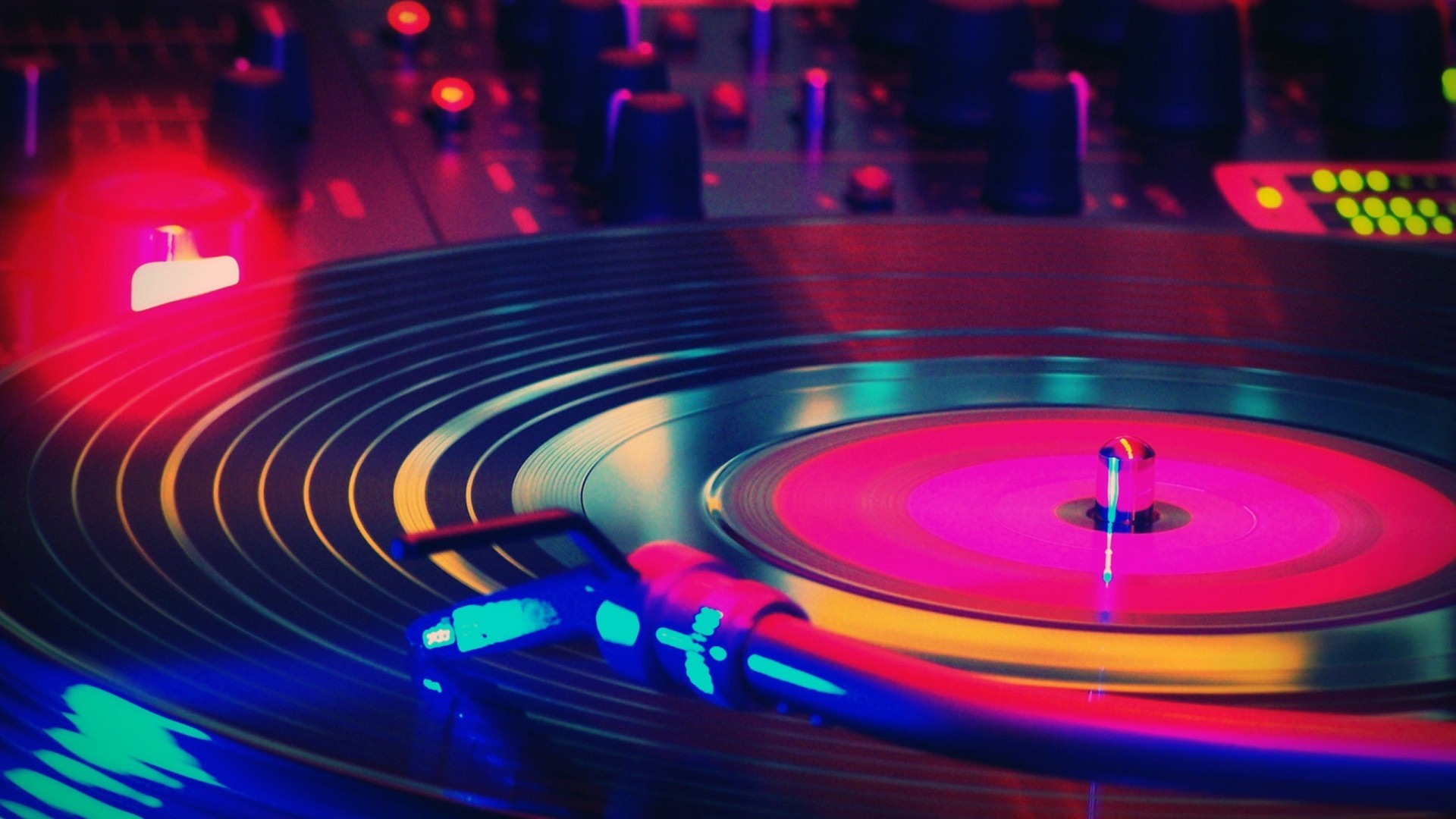 General 1920x1080 record players vinyl lights music colorful macro turntables closeup