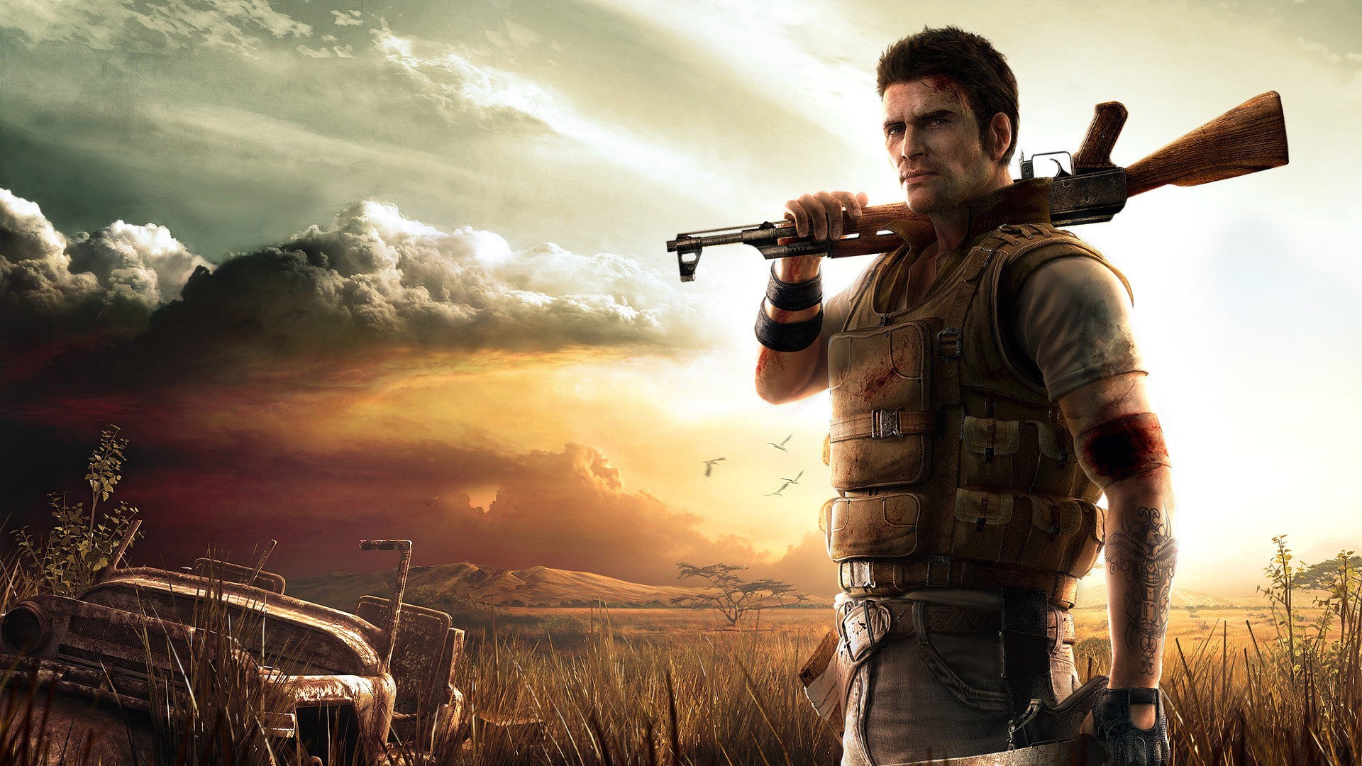 General 1920x1080 video games digital art Far Cry 2 weapon Africa Ubisoft video game art 2008 (Year) sky video game men