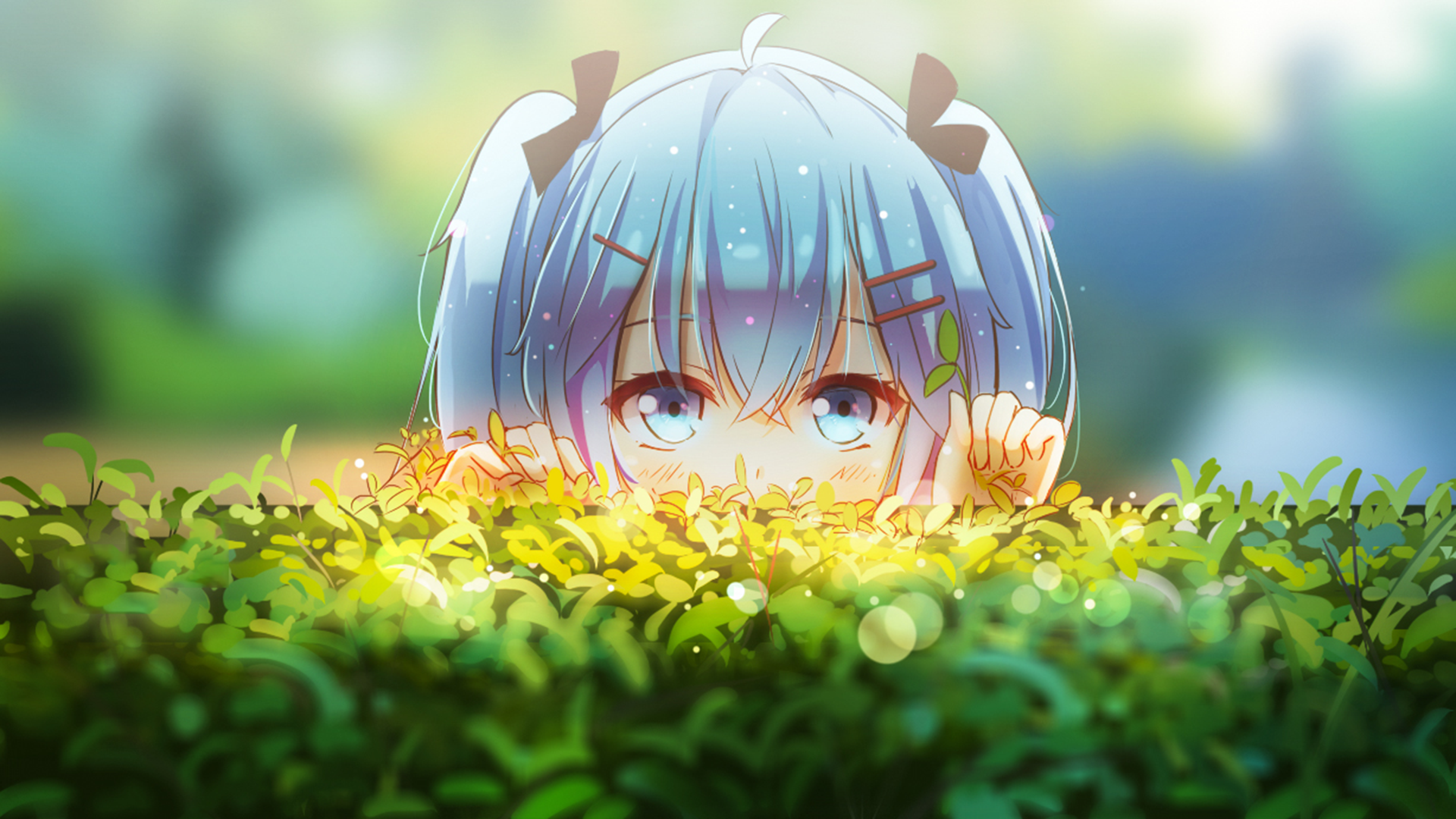 Anime 1920x1080 bokeh anime girls twintails Hatsune Miku Vocaloid hedges anime blue hair blue eyes plants looking at viewer