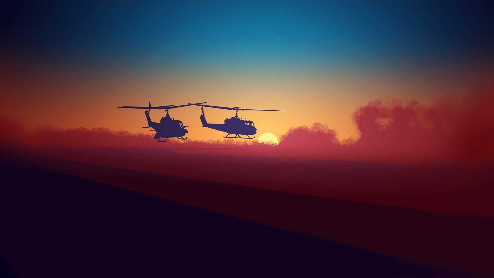General 1920x1080 artwork helicopters colorful sand military military vehicle orange sky Sun sky landscape vehicle aircraft military aircraft silhouette Bell UH-1 Iroquois