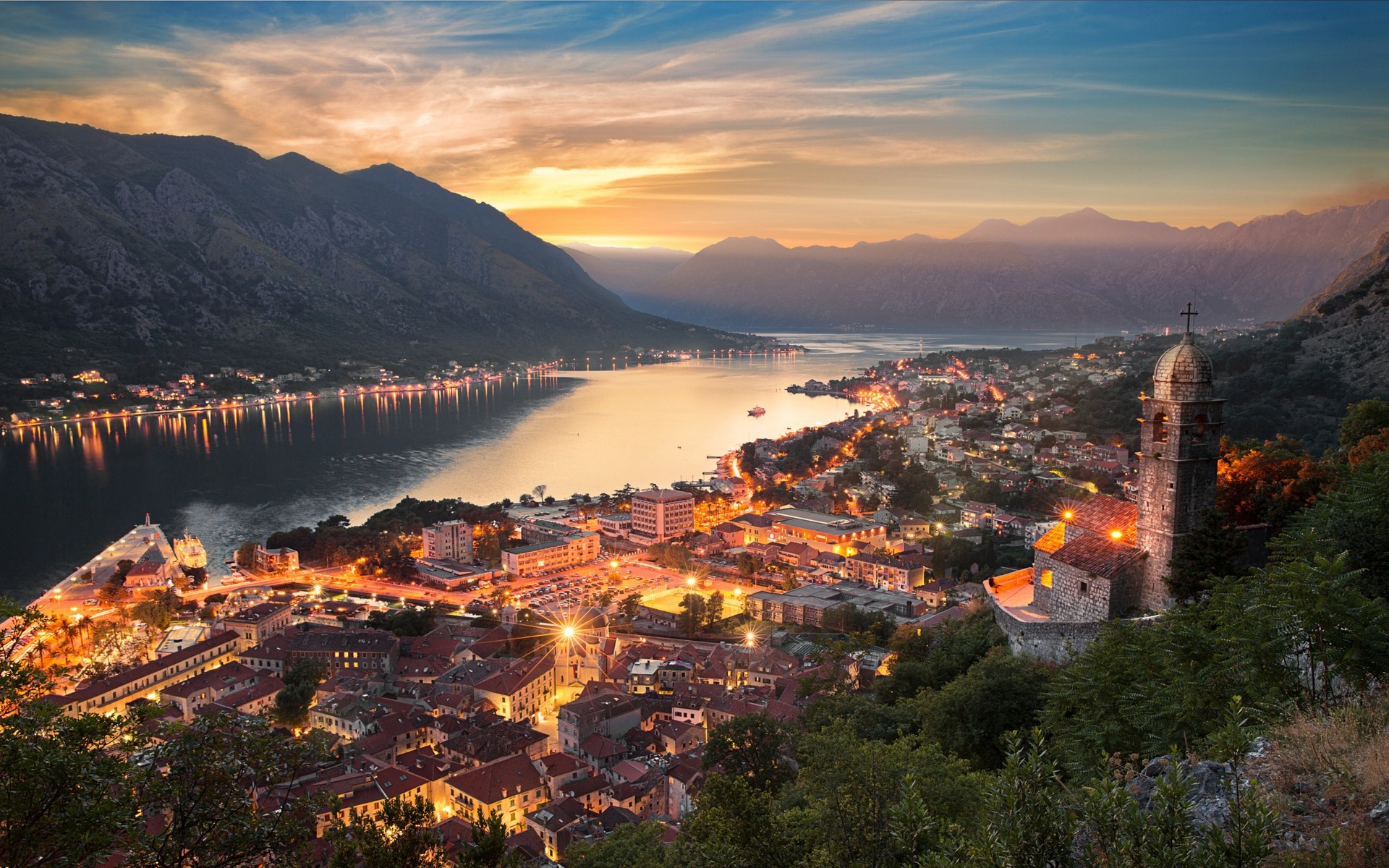 General 1920x1200 nature landscape cityscape Kotor (town) Montenegro mountains sunset mist architecture sky clouds evening lake sun rays church Bay of Kotor