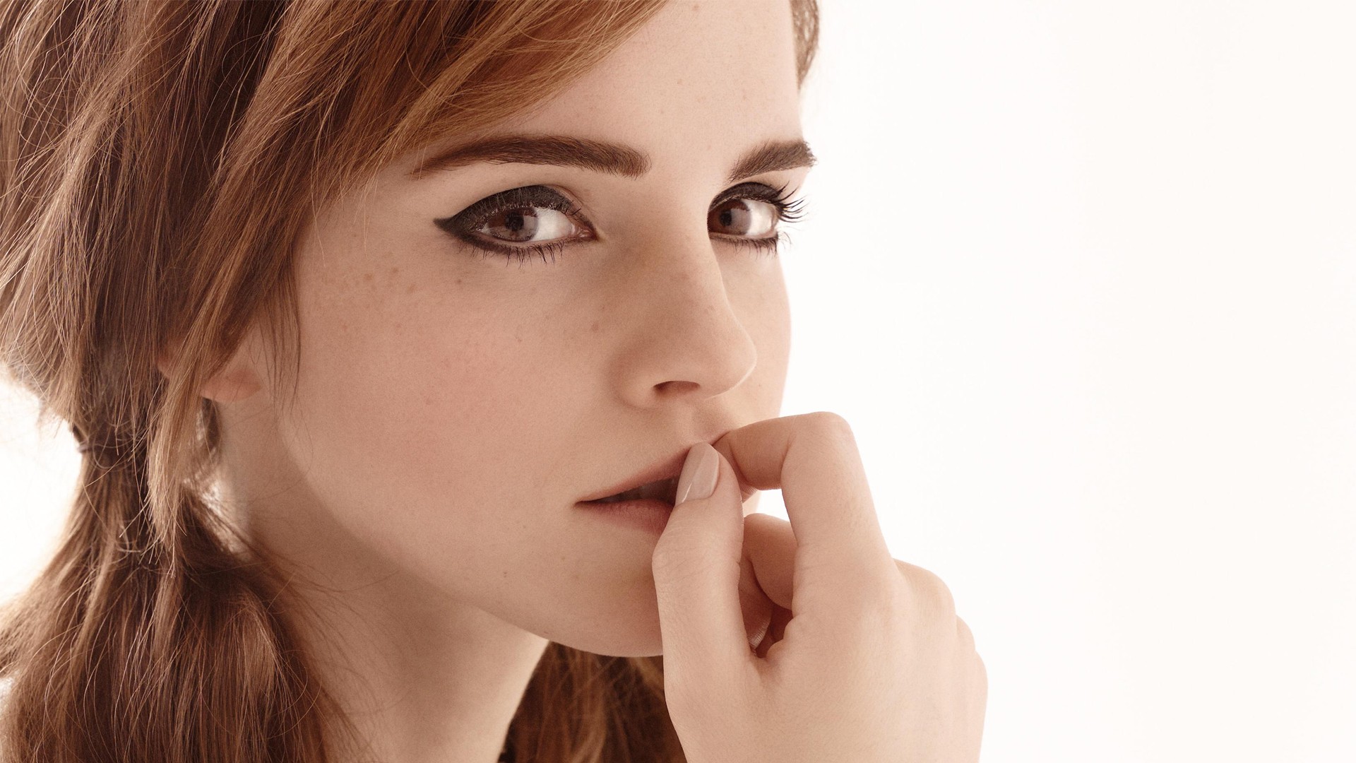 People 1920x1080 women actress long hair face portrait Emma Watson brunette white background looking at viewer makeup finger on lips freckles brown eyes twintails eyeliner British women closeup