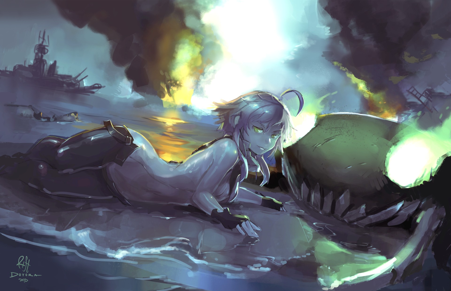 Anime 1920x1242 anime anime girls Wo-Class Aircraft Carrier Kantai Collection bodysuit water gloves green eyes