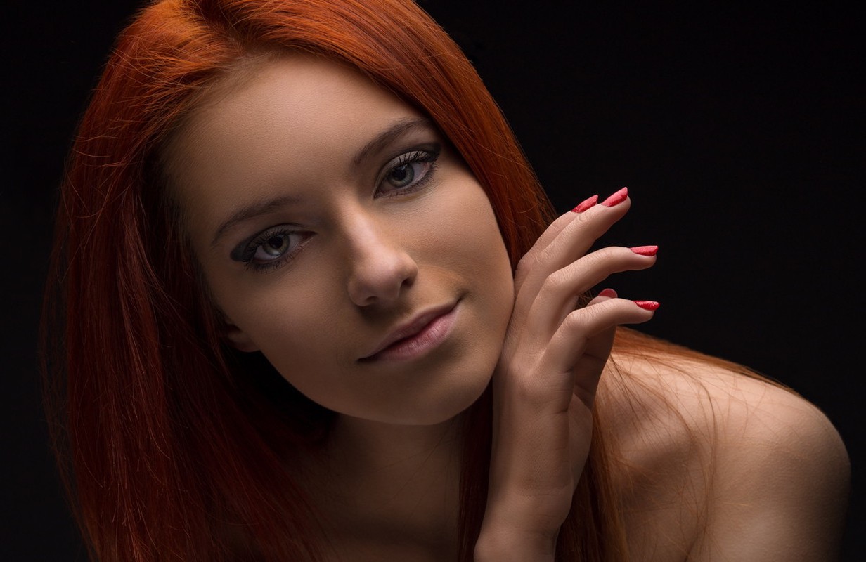 People 1232x800 women face redhead portrait closeup looking at viewer red nails painted nails simple background black background women indoors indoors hands long hair studio