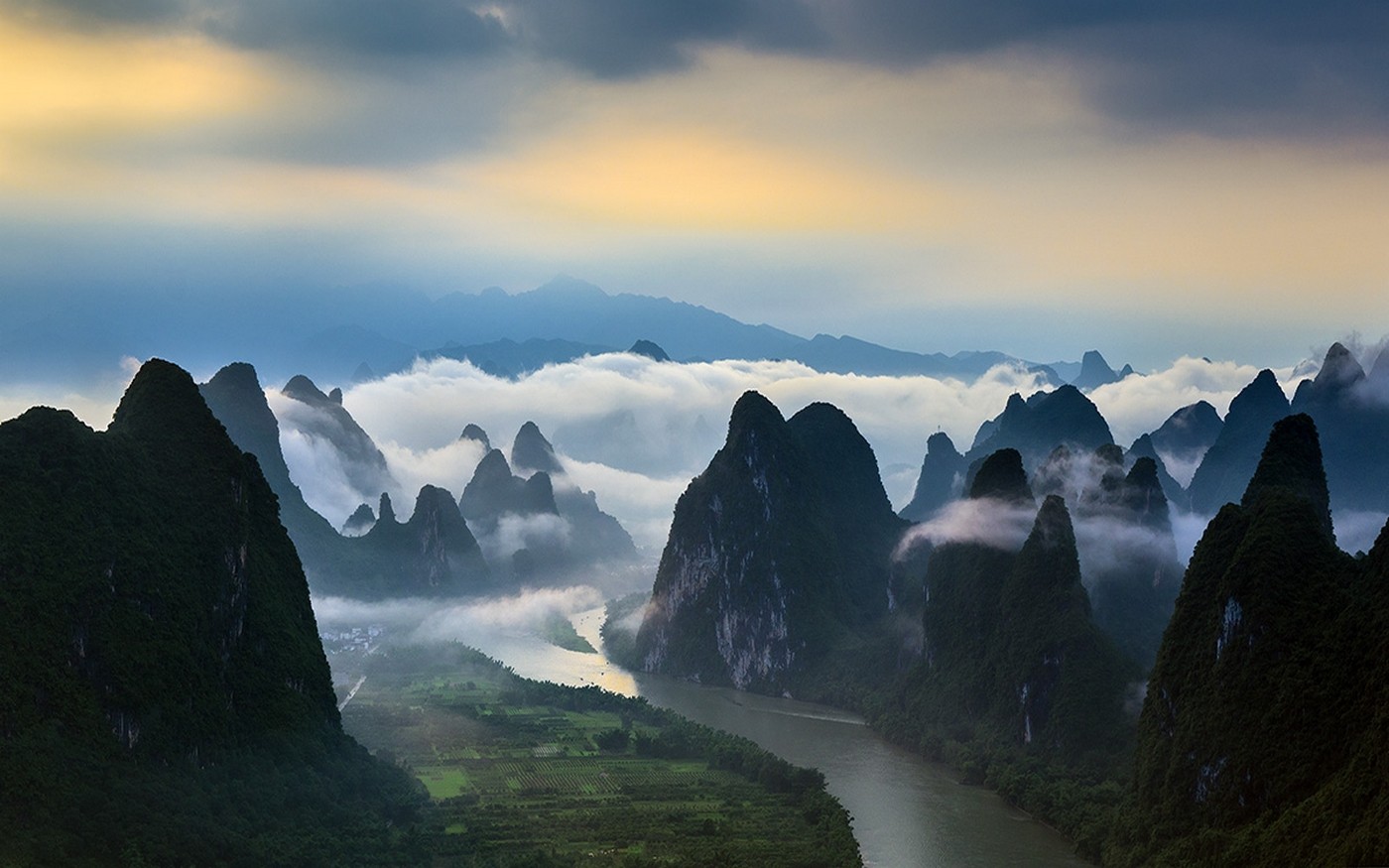 General 1400x875 nature landscape mountains river field China clouds mist Asia