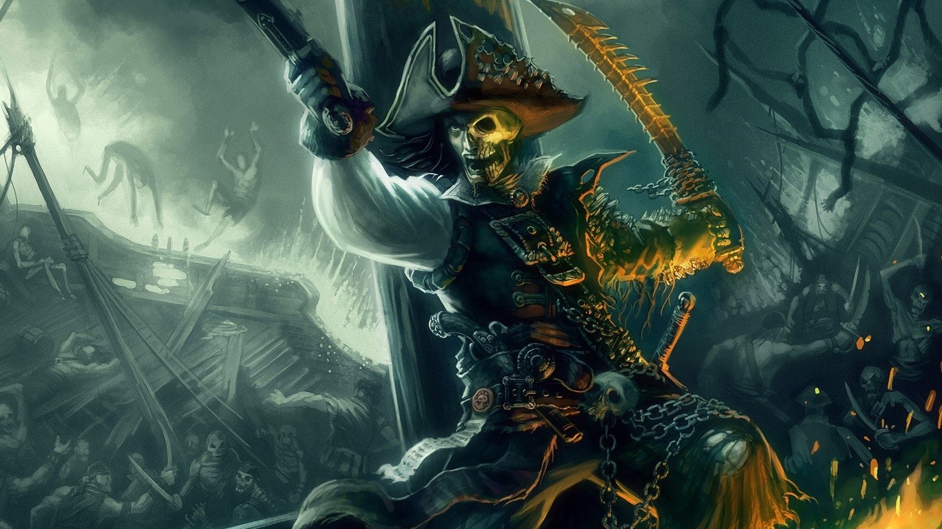 General 1366x768 pirates ship storm skull fantasy art gun sword artwork dual wield