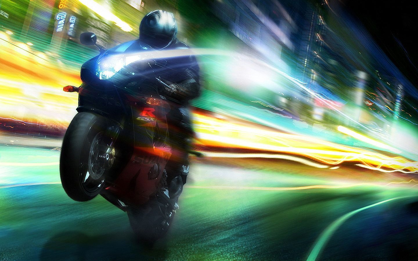 General 1440x900 long exposure streaks motion blur light trails vehicle driving digital art racing motorcycle artwork