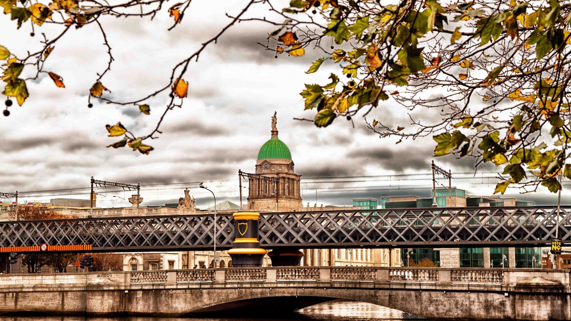 General 1920x1080 architecture cityscape city capital building street Dublin Ireland bridge cathedral trees leaves clouds HDR river