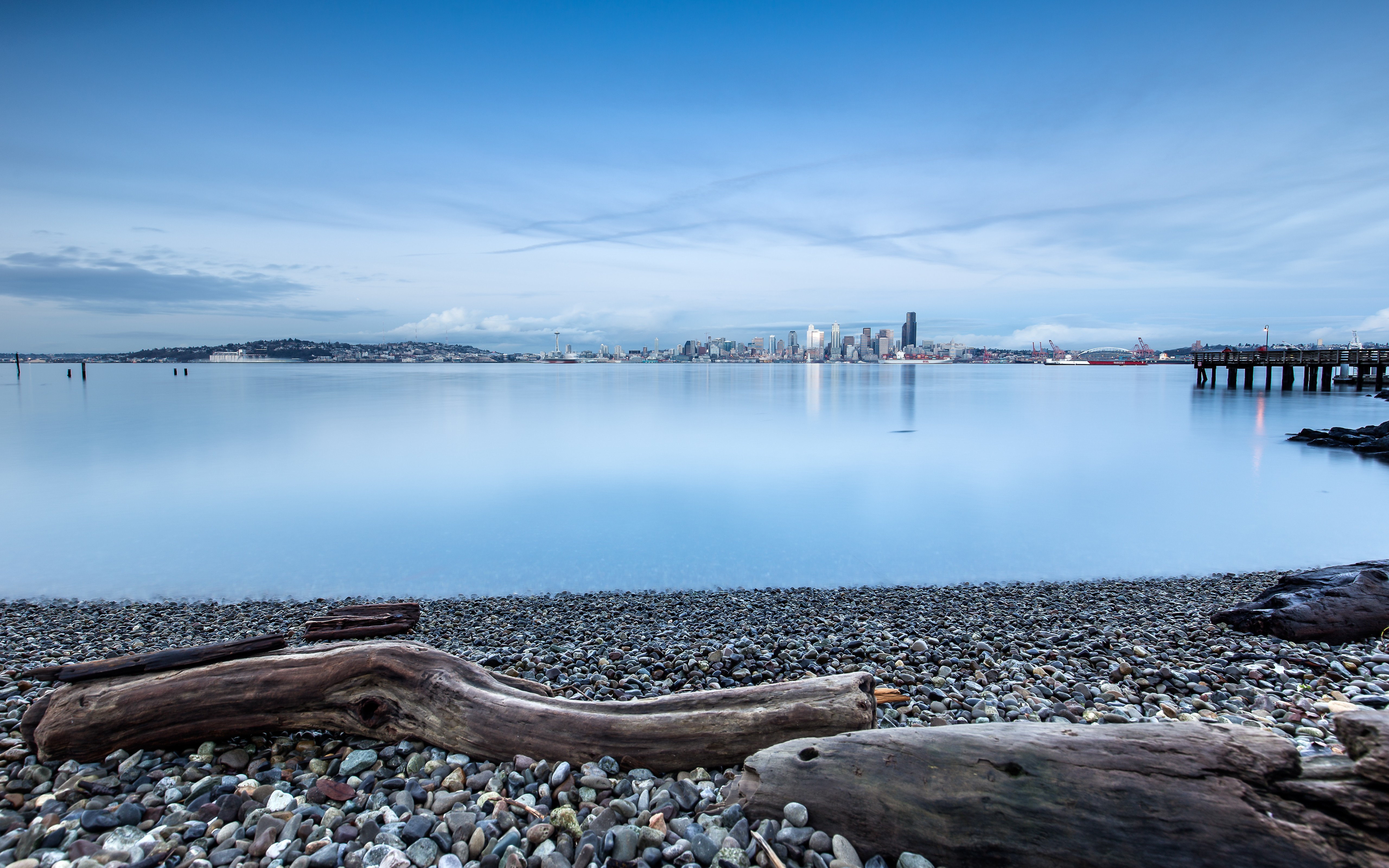 General 5120x3200 coast driftwood pebbles calm water lake Seattle cityscape Washington (state) USA