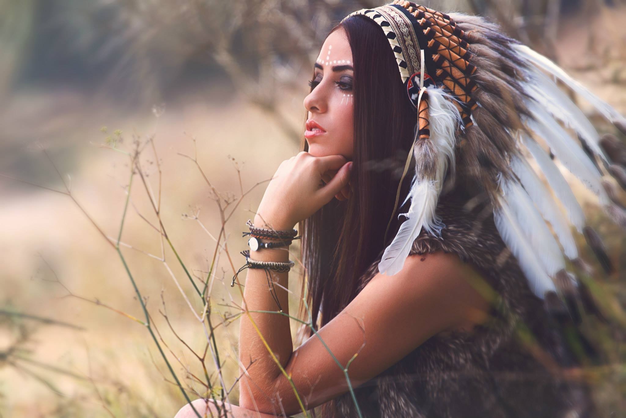 People 2048x1366 women brunette headdress face paint straight hair looking away bracelets fur coats women outdoors outdoors makeup model Native American clothing sacrilege closeup
