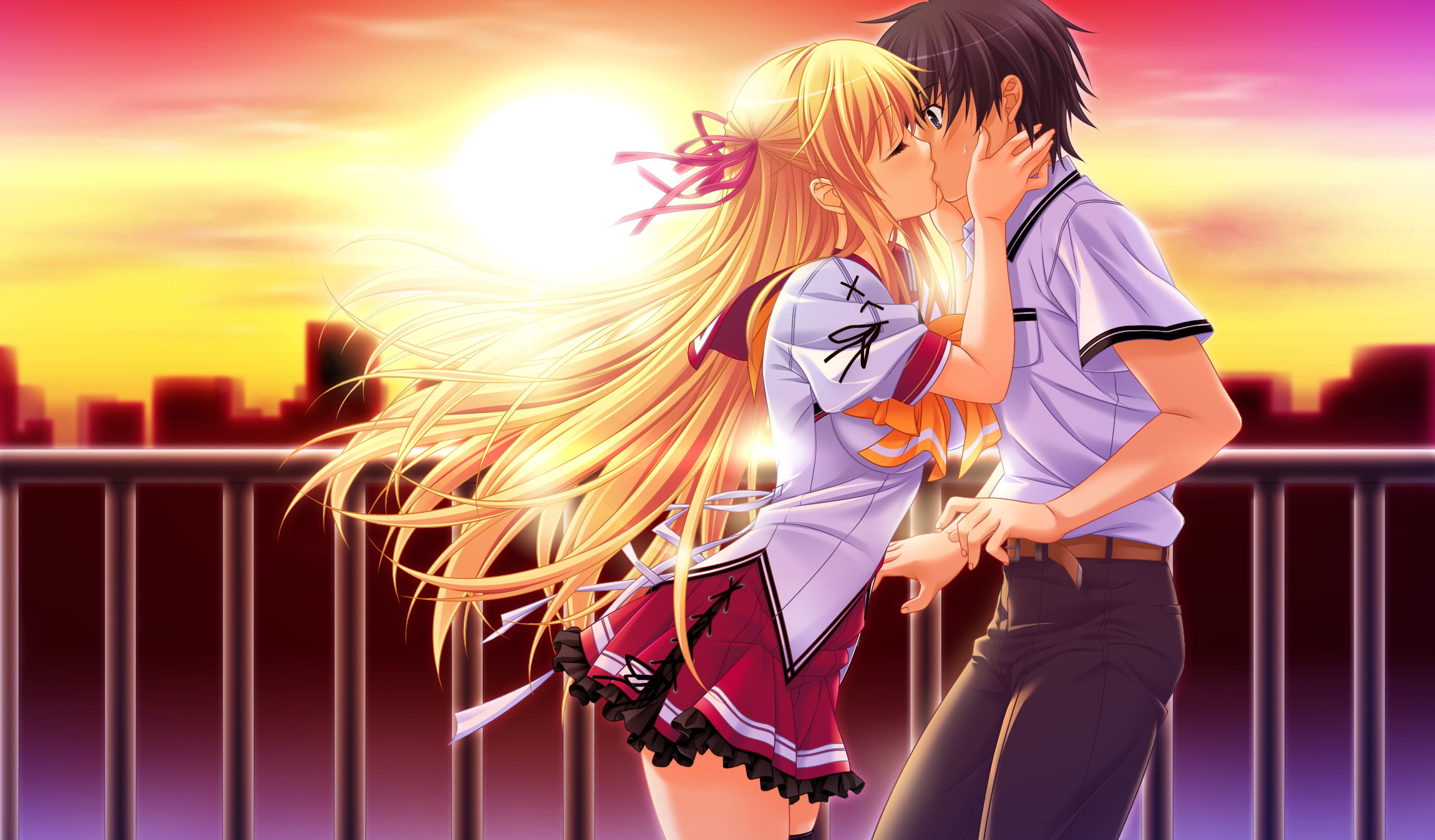 Anime 2300x1348 anime girls anime anime boys kissing blonde long hair sunlight closed eyes