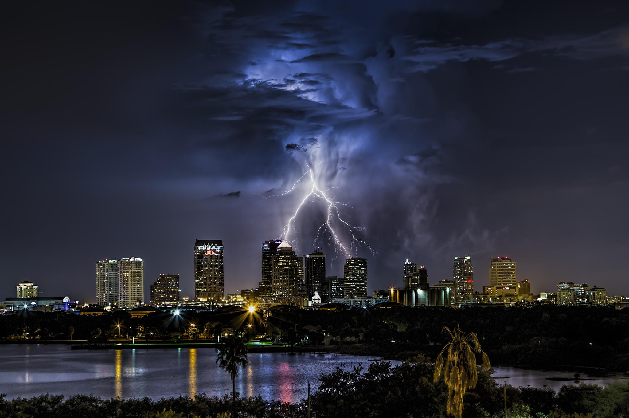 General 2048x1360 Tampa Florida USA city cityscape lightning clouds night storm nature city lights digital art