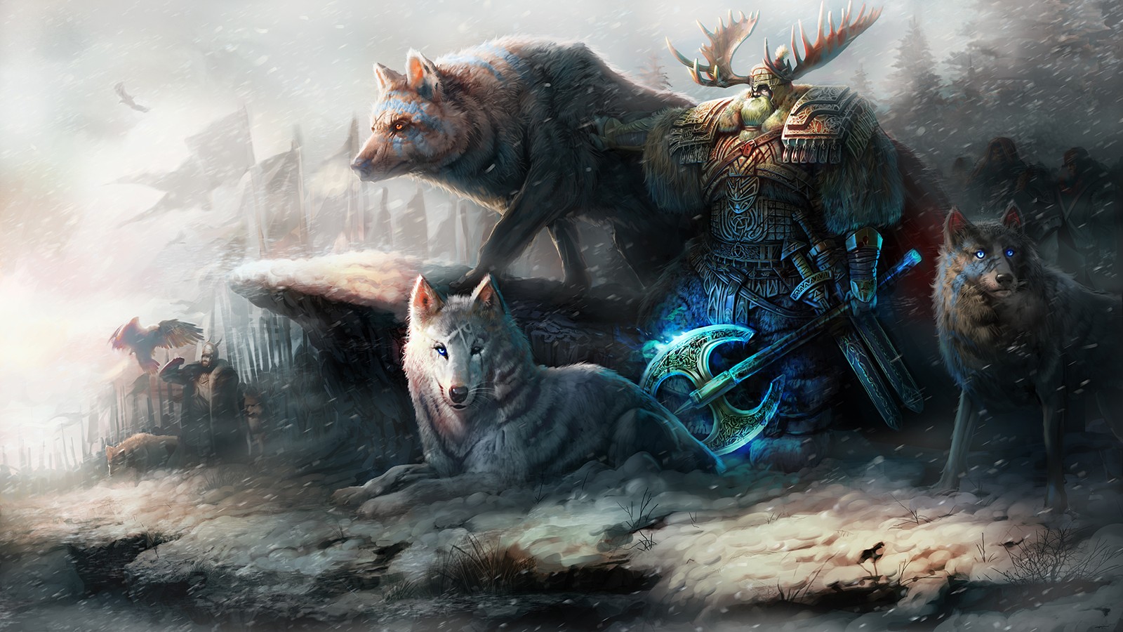 General 1600x900 fantasy art wolf creature fantasy men artwork axes warrior cyan