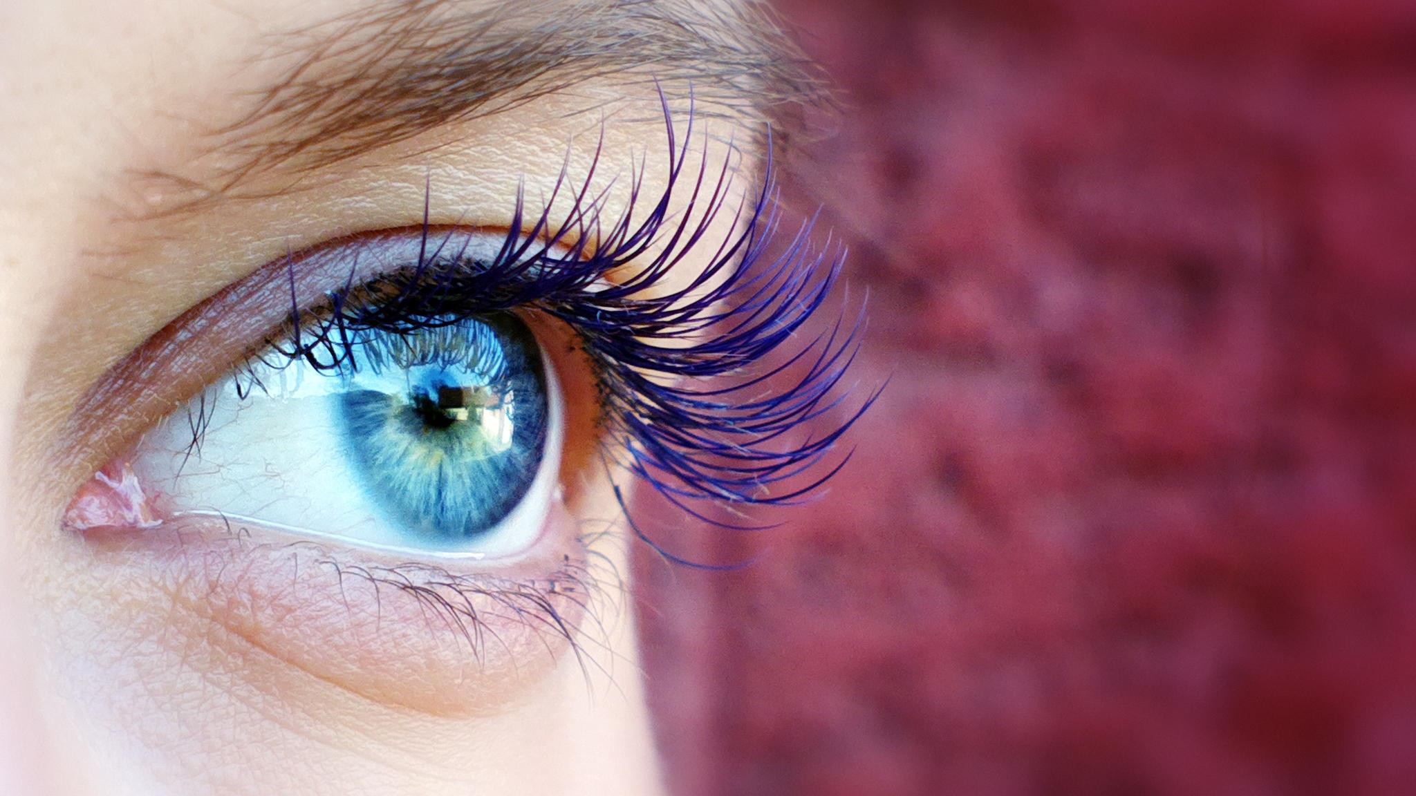 People 2048x1152 blue eyes long eyelashes macro reflection women eyes closeup red background