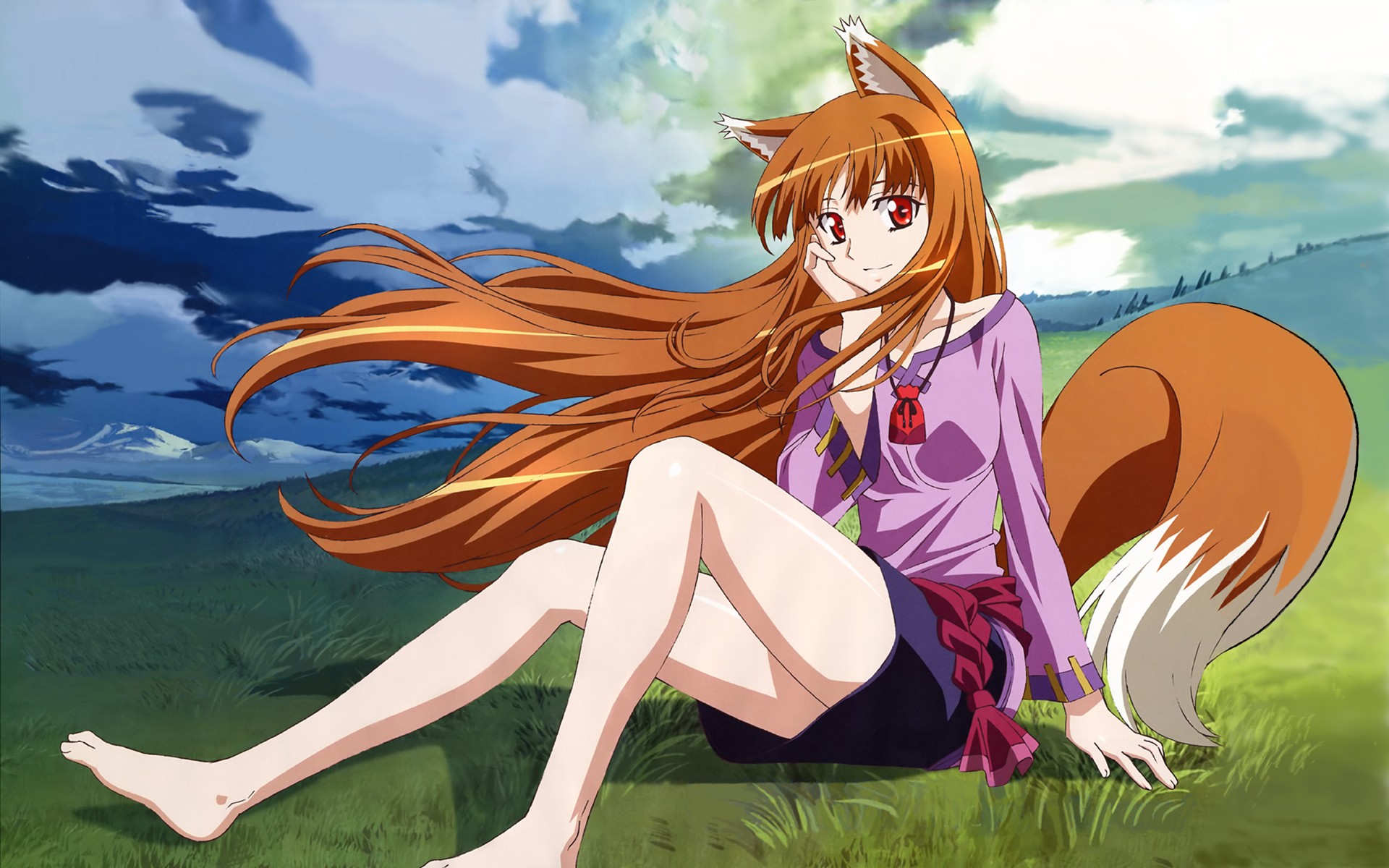 Anime 1920x1200 Spice and Wolf Holo (Spice and Wolf) anime anime girls wolf girls legs red eyes sitting barefoot tail animal ears long hair fantasy girl
