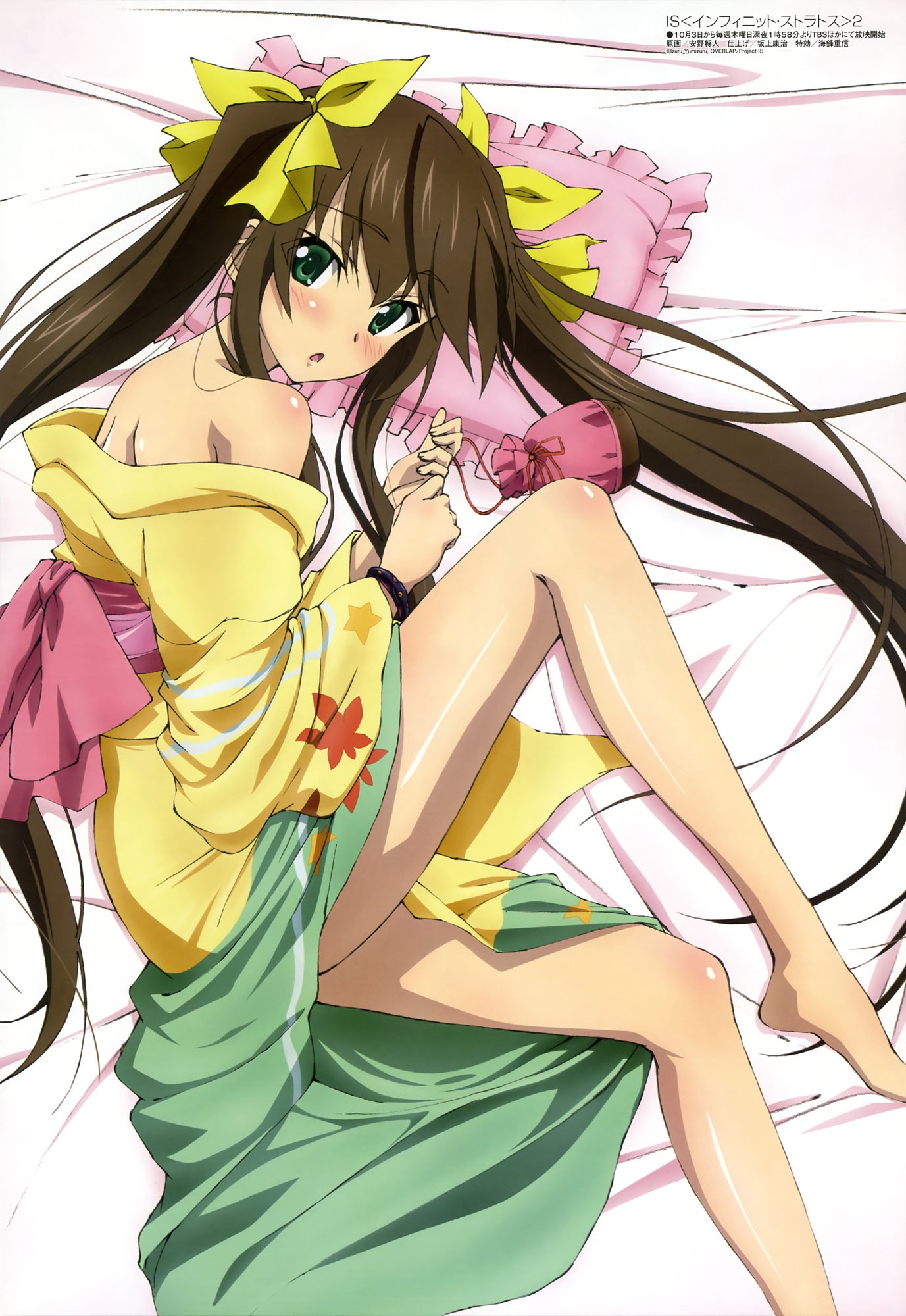 Anime 1377x2000 anime anime girls Huang Lingyin Infinite Stratos Japanese clothes yukata barefoot bare shoulders in bed lying on side twintails