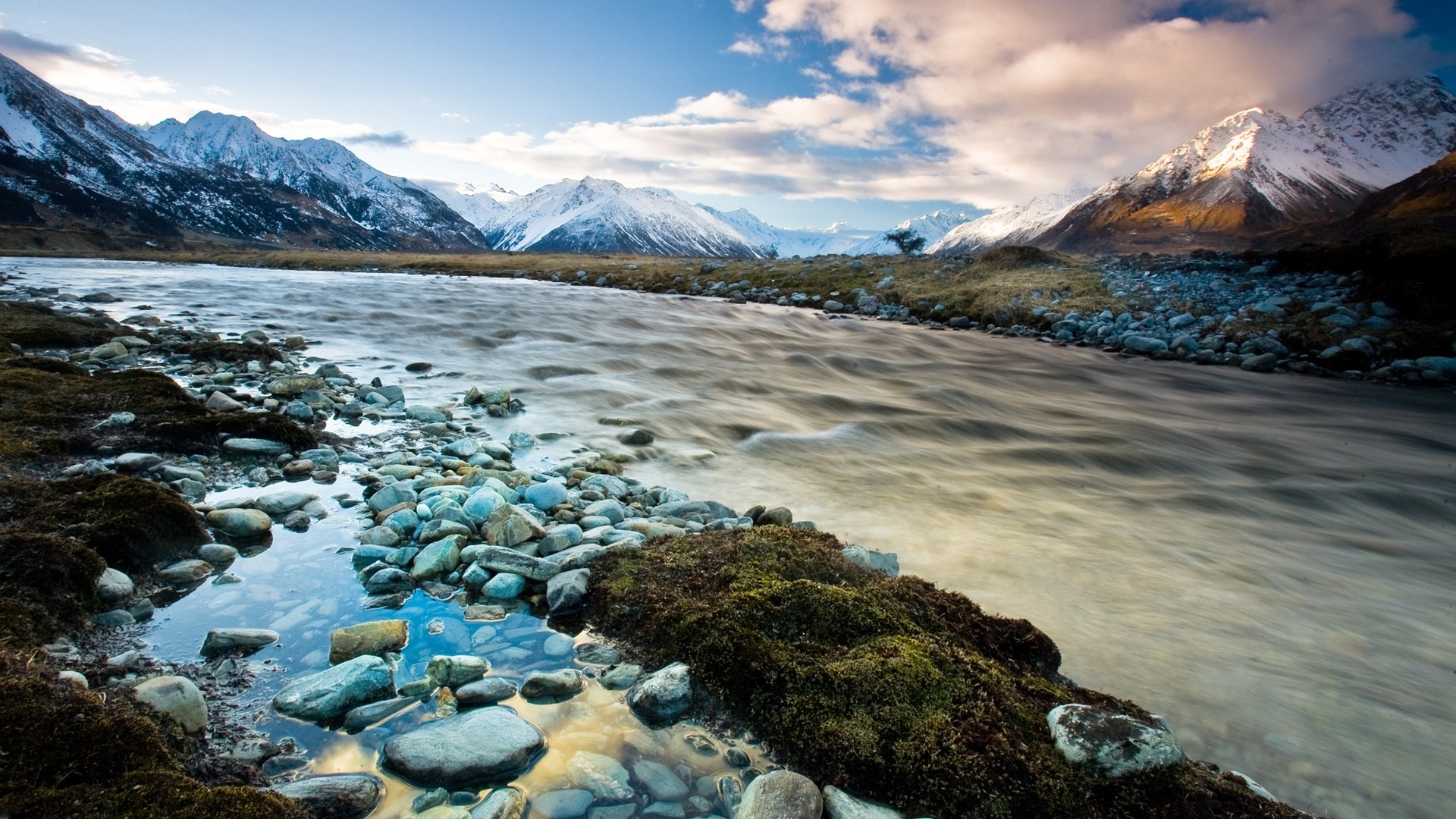 General 1920x1080 nature landscape New Zealand mountains clouds hills trees water river snow rocks long exposure