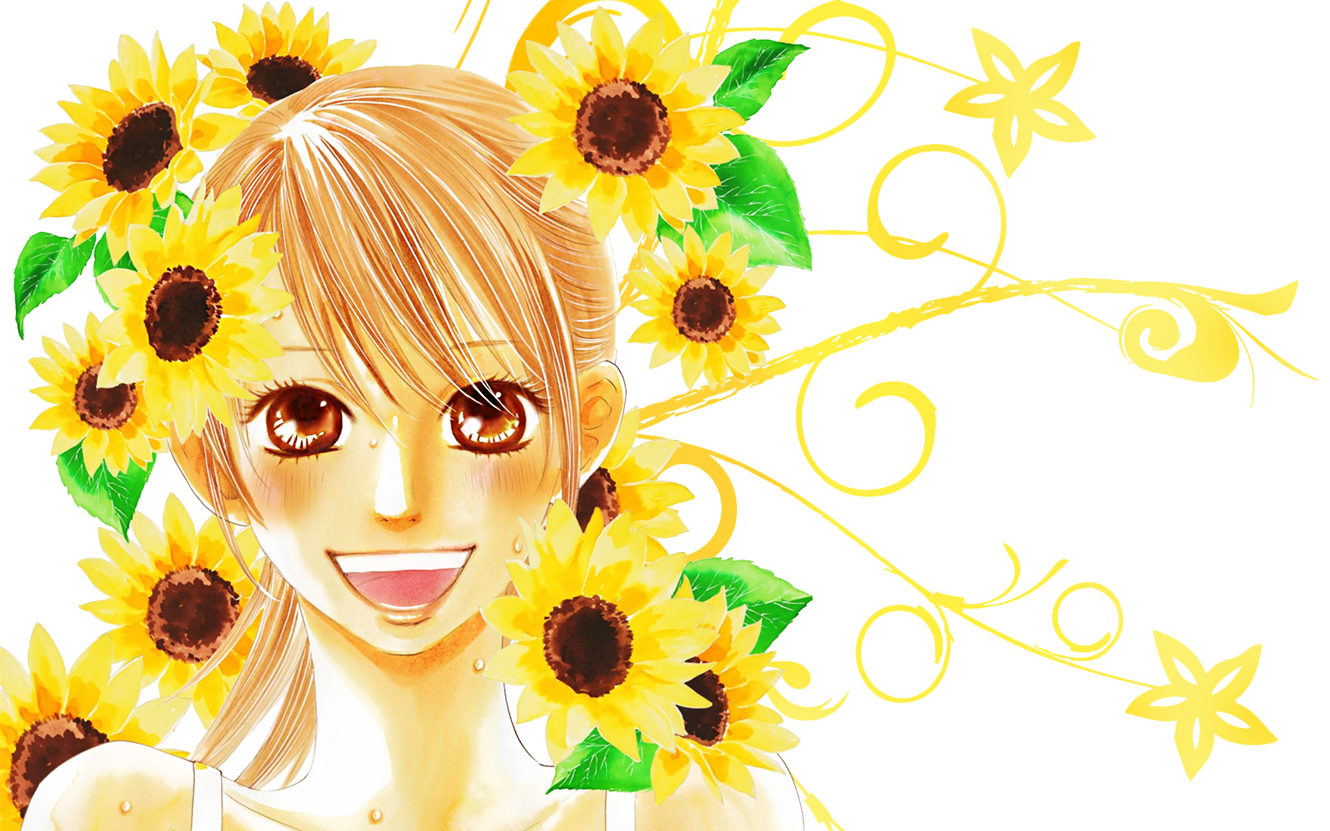 Anime 1920x1200 sunflowers anime anime girls open mouth face colorful plants yellow flowers women simple background white background looking at viewer