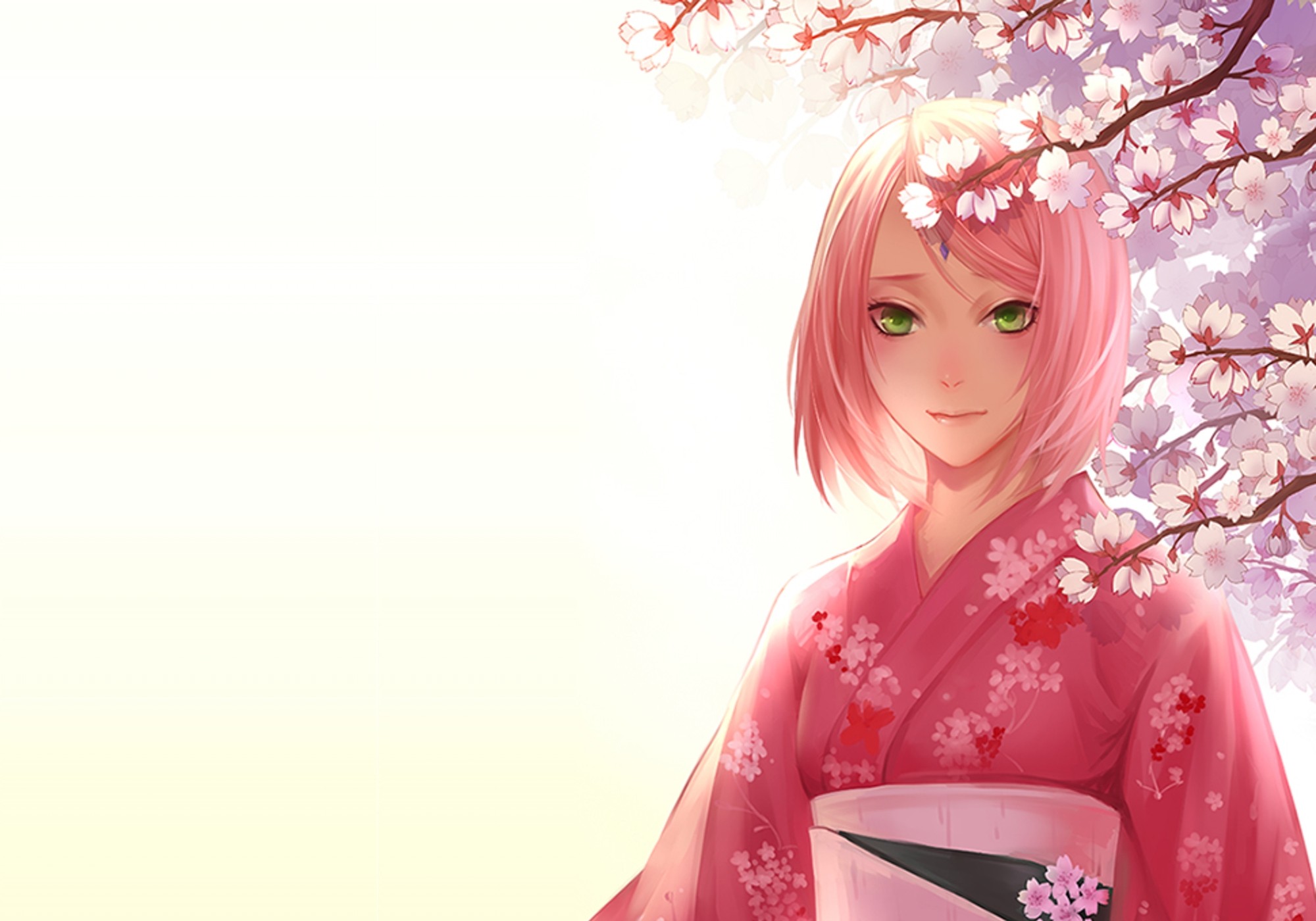 Anime 2000x1400 anime Naruto Shippuden anime girls Haruno Sakura cherry blossom green eyes pink hair plants flowers simple background white background