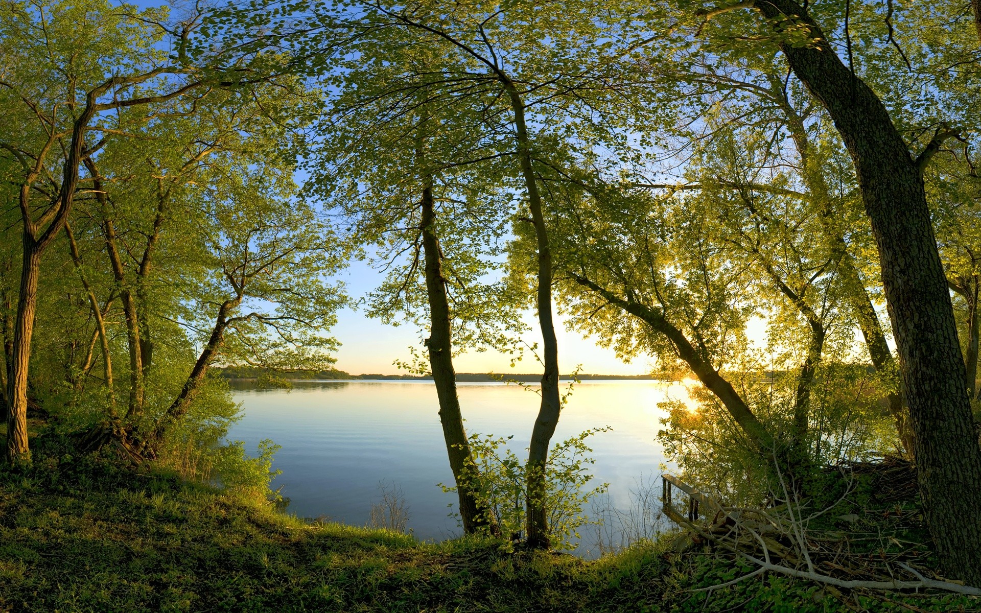General 1920x1200 nature lake sunset trees calm waters sunlight green summer