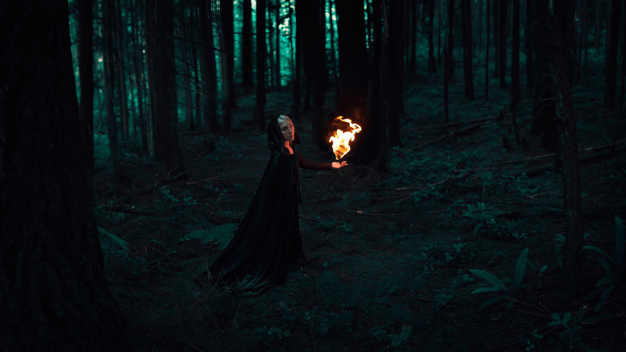 People 2048x1153 fantasy art women forest fire cape deep forest torches dark women outdoors burning looking at viewer
