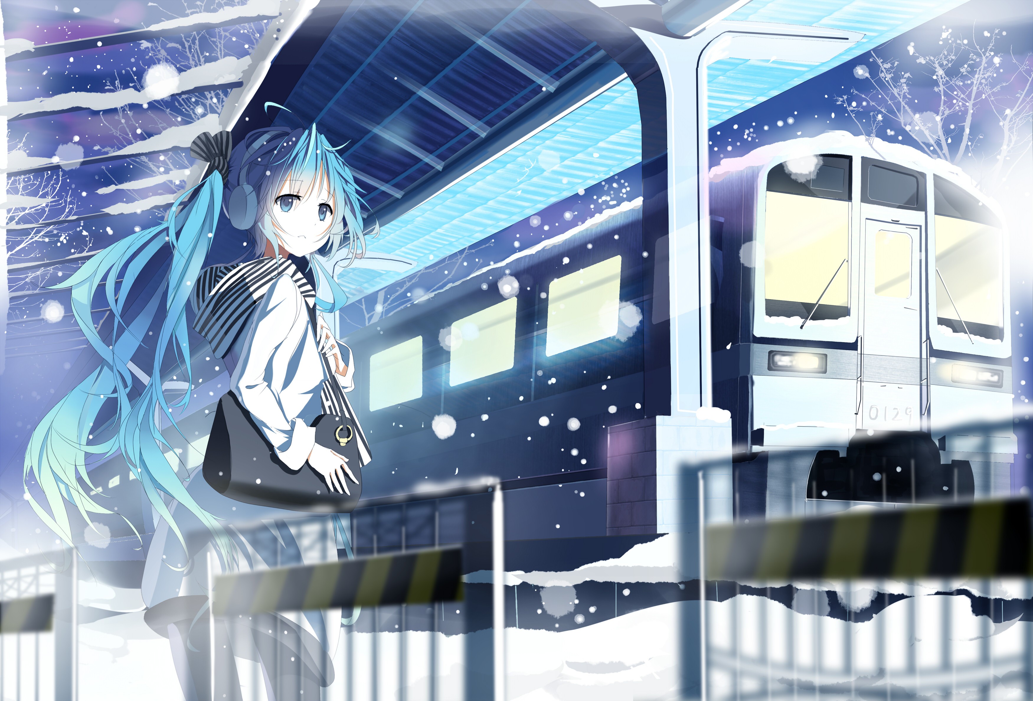 Anime 3500x2375 anime girls anime train vehicle cyan hair long hair aqua eyes snowflakes