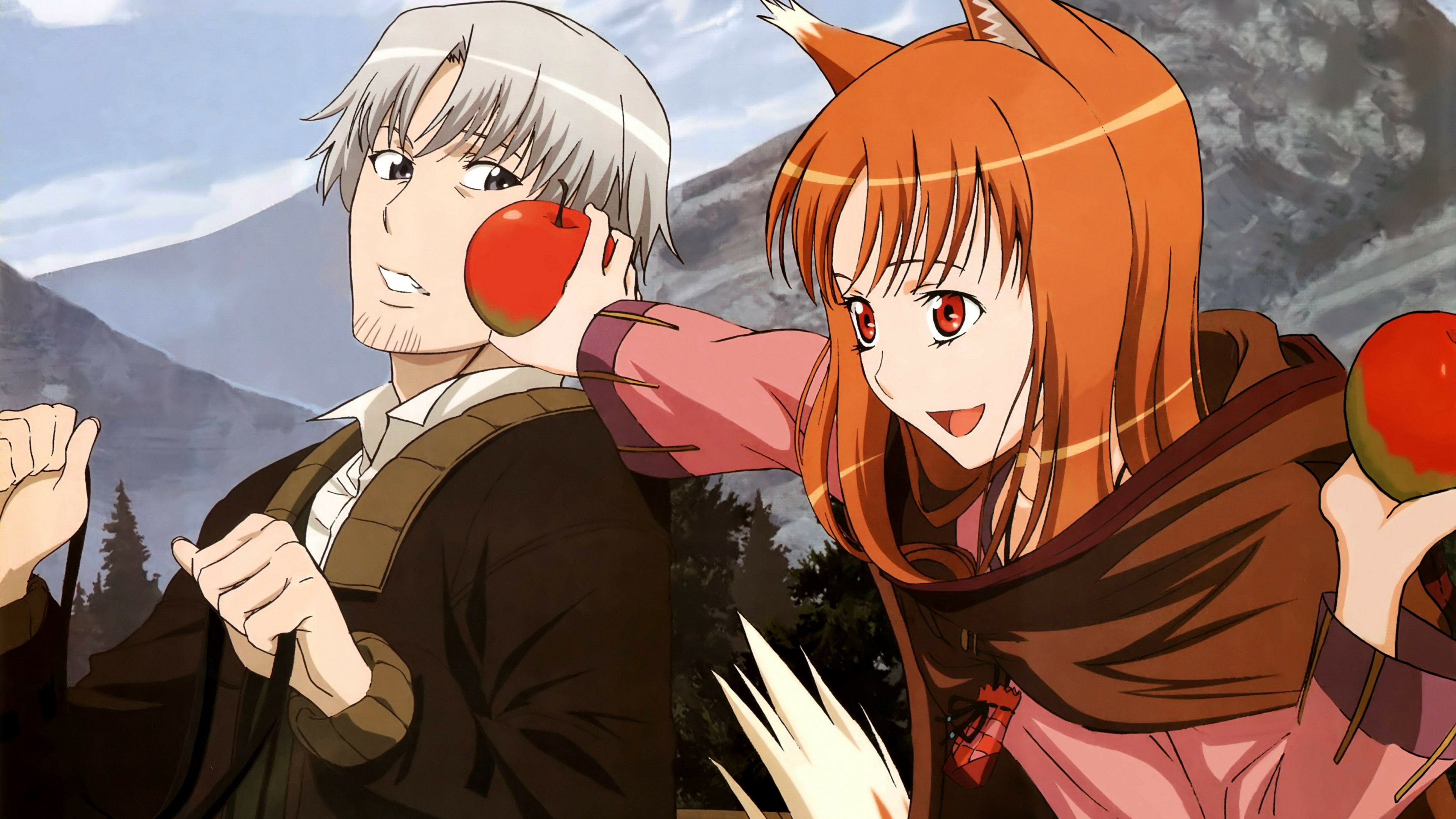 Anime 3840x2160 anime Spice and Wolf Holo (Spice and Wolf) Lawrence Craft apples anime boys anime girls food fruit red eyes open mouth long hair redhead wolf girls