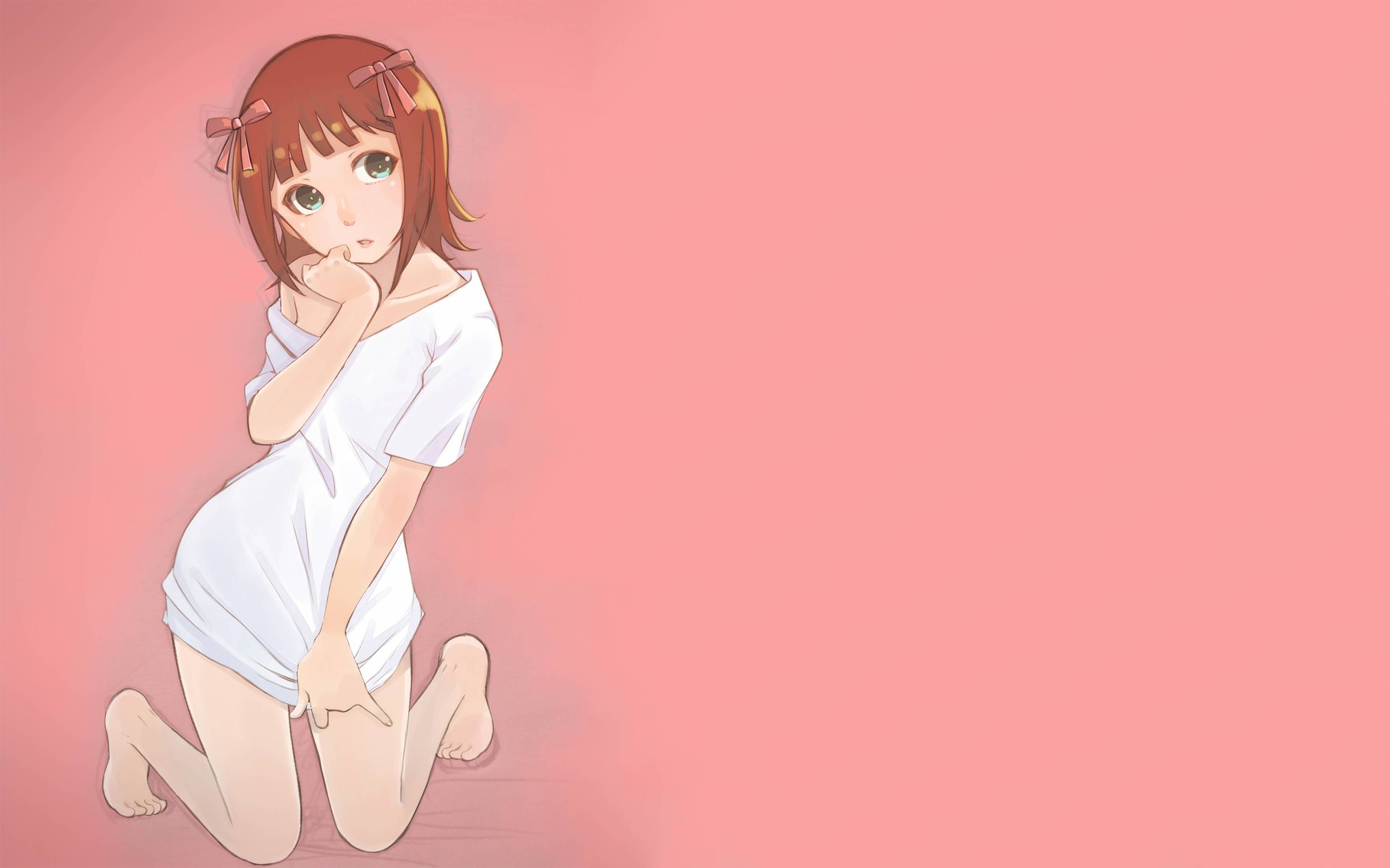 Anime 2560x1600 anime girls THE iDOLM@STER Amami Haruka anime pink background simple background kneeling looking at viewer