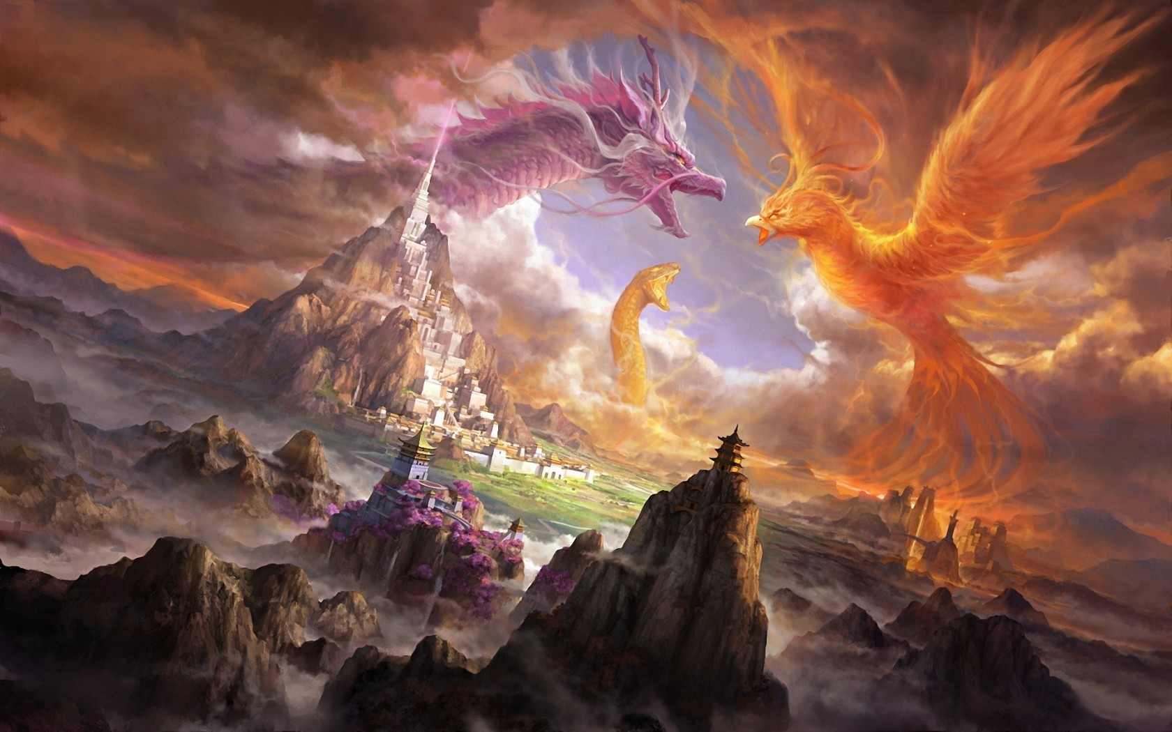 General 1680x1050 phoenix dragon fantasy castle surreal clouds fantasy city mountains serpent creature Chinese dragon digital art