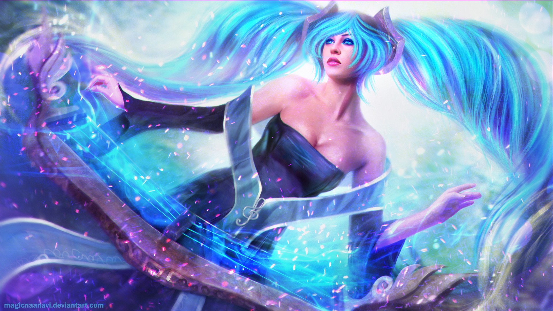 Anime 1920x1080 realistic CGI League of Legends Sona (League of Legends) MagicnaAnavi blue hair twintails cleavage bare shoulders video games DeviantArt fantasy girl cyan hair women video game art video game girls PC gaming long hair looking into the distance dress