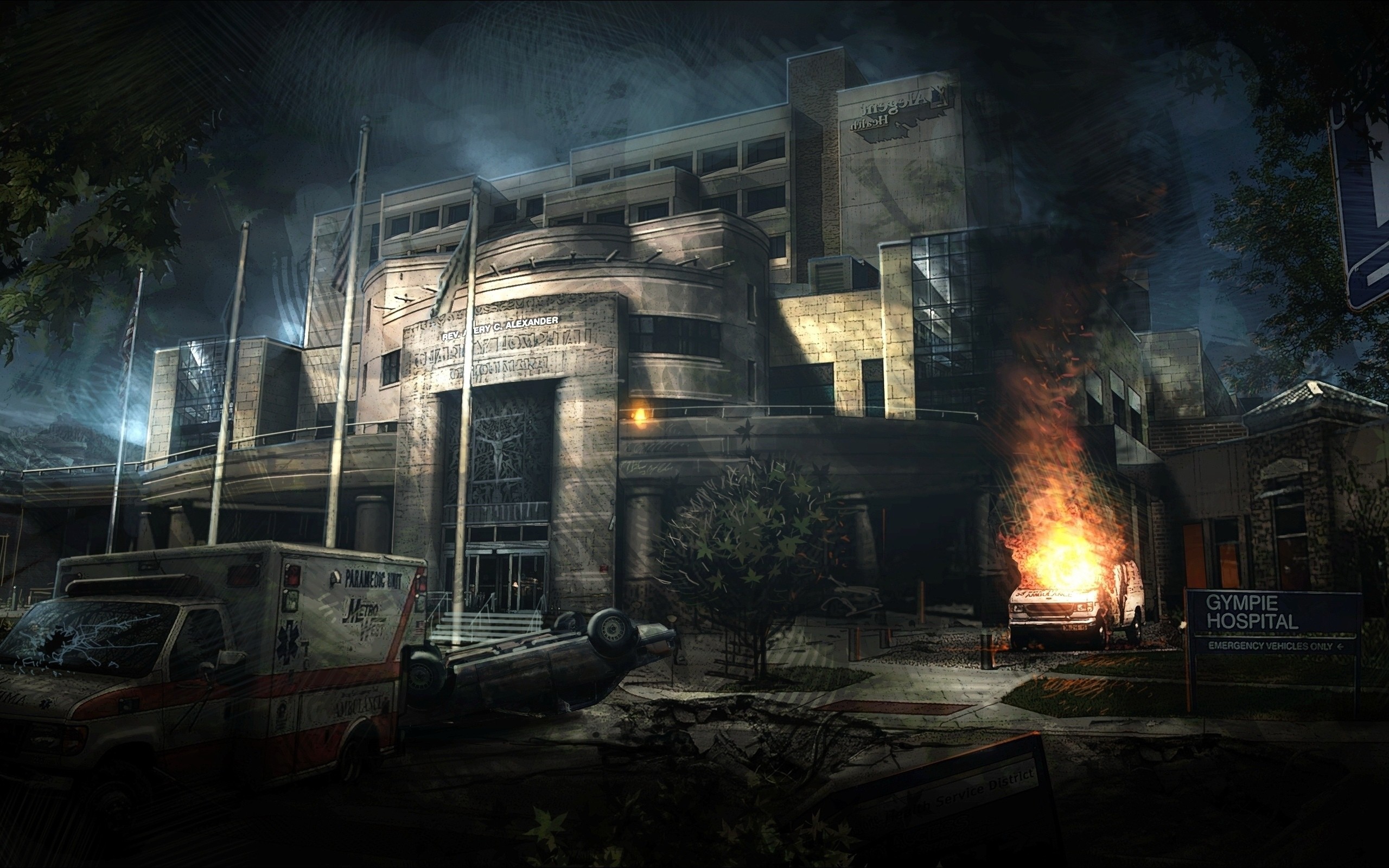 General 2560x1600 fire hospital ambulances concept art apocalyptic abandoned Abandoned city video games