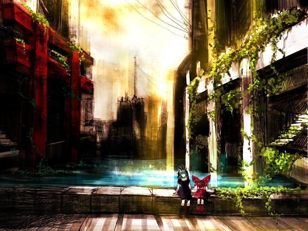 Anime 1024x768 manga anime girls anime plants city two women women outdoors urban