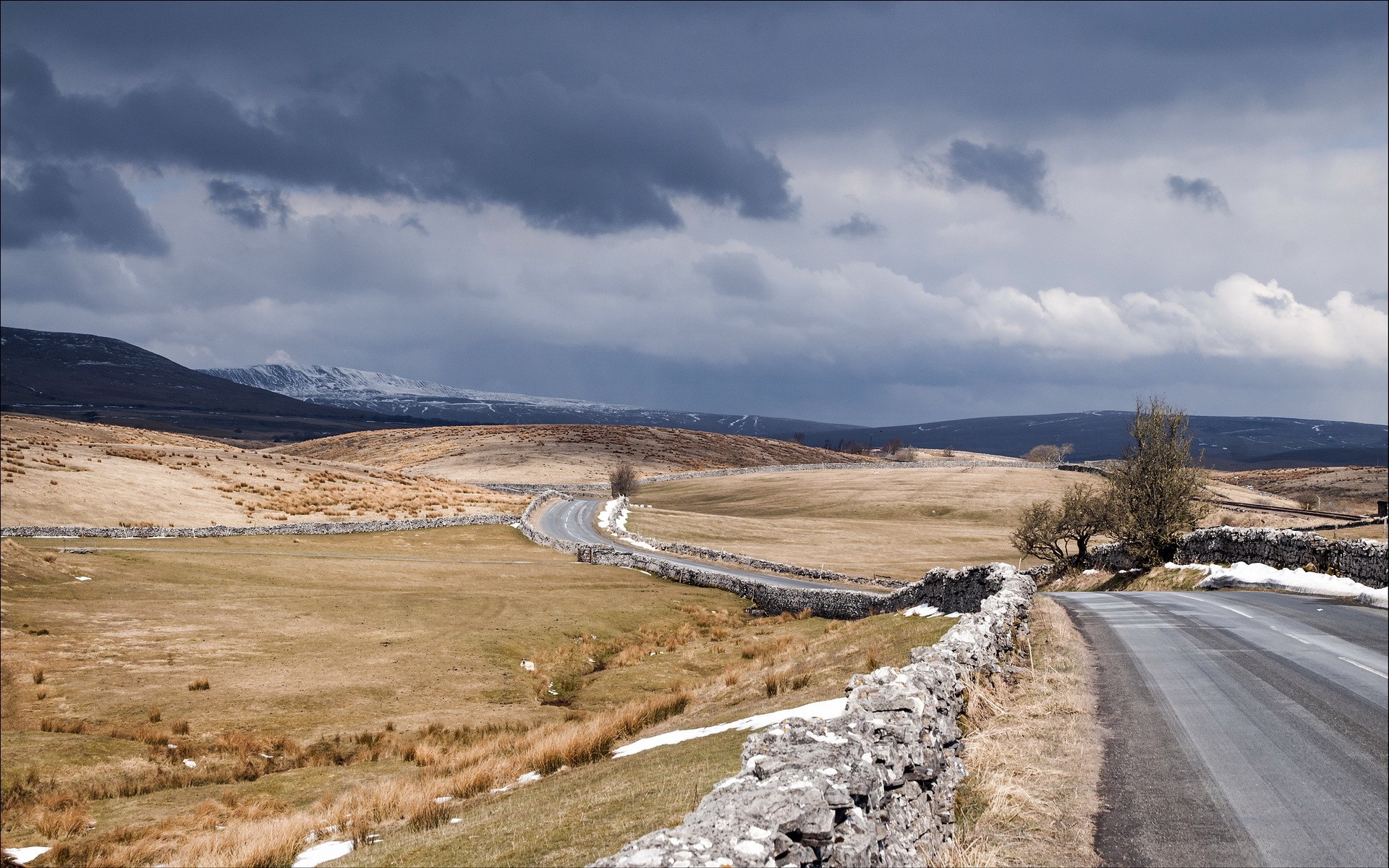 General 1920x1200 road landscape England field hills snow stone wall overcast stones