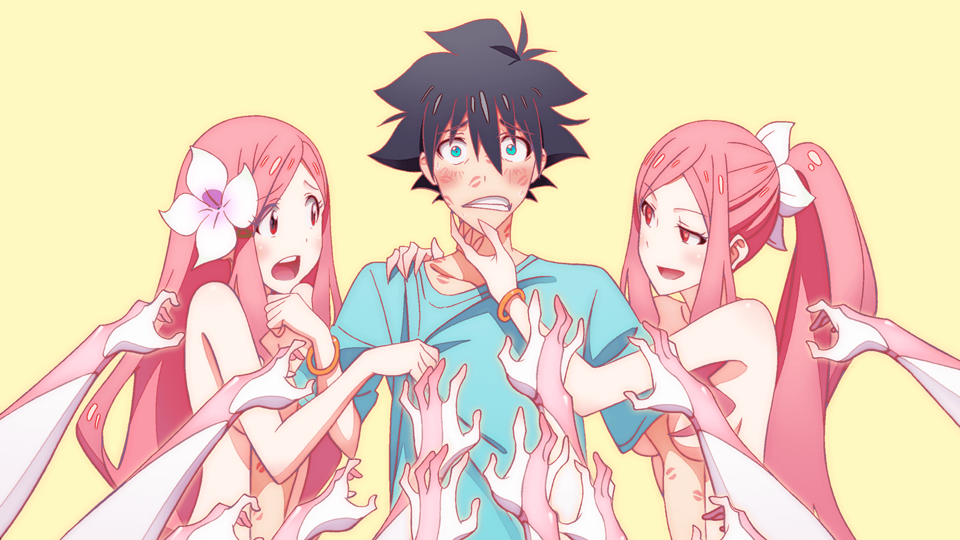 Anime 1920x1080 TeddyLoid ME! ME! ME! anime anime boys anime girls simple background flower in hair pink hair hands yellow background open mouth long hair red eyes aqua eyes Fear (People)